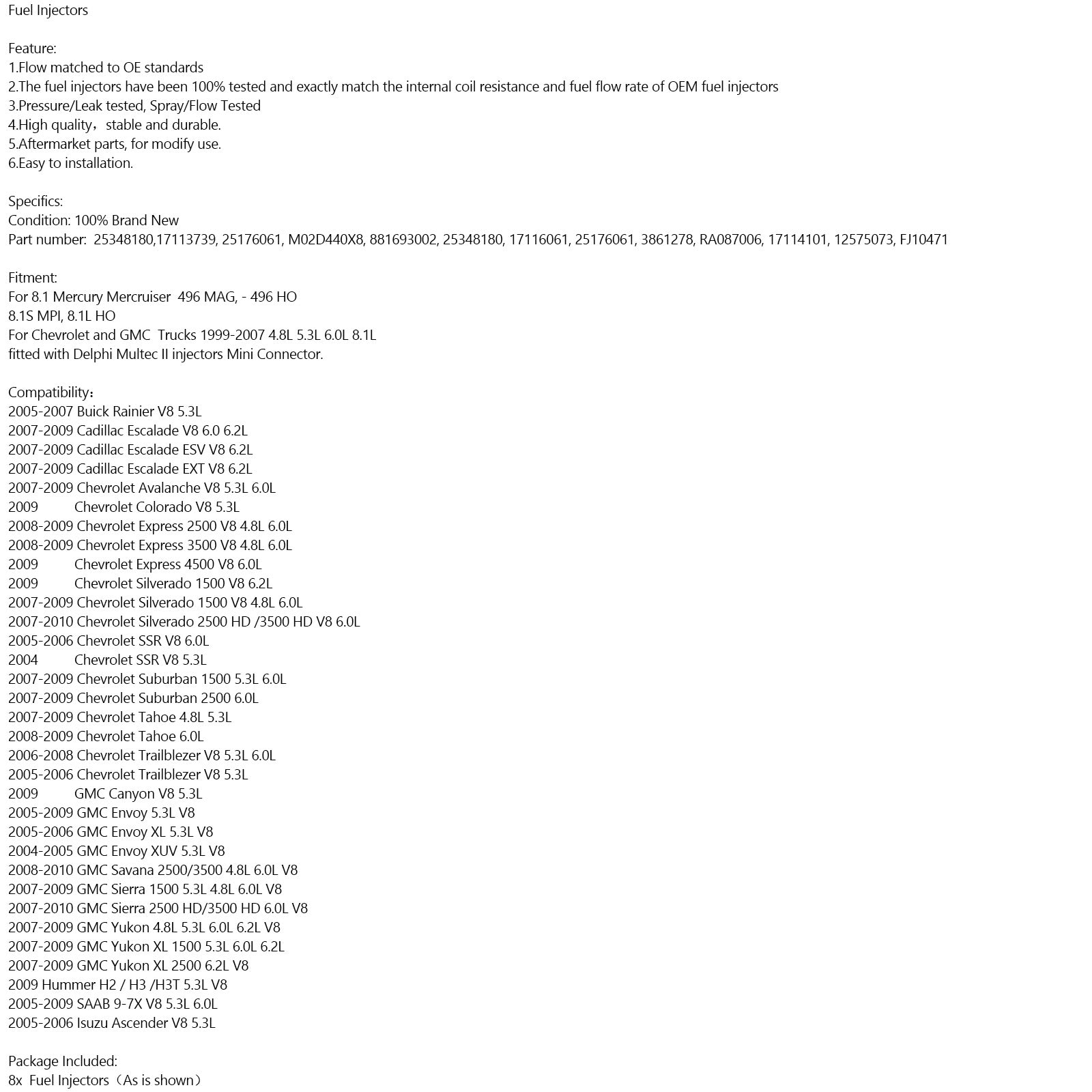 8pcs 25348180 Wtryskiwacze paliwa 881693002 RA087006 dla Chevy Mercruiser Volvo Penta