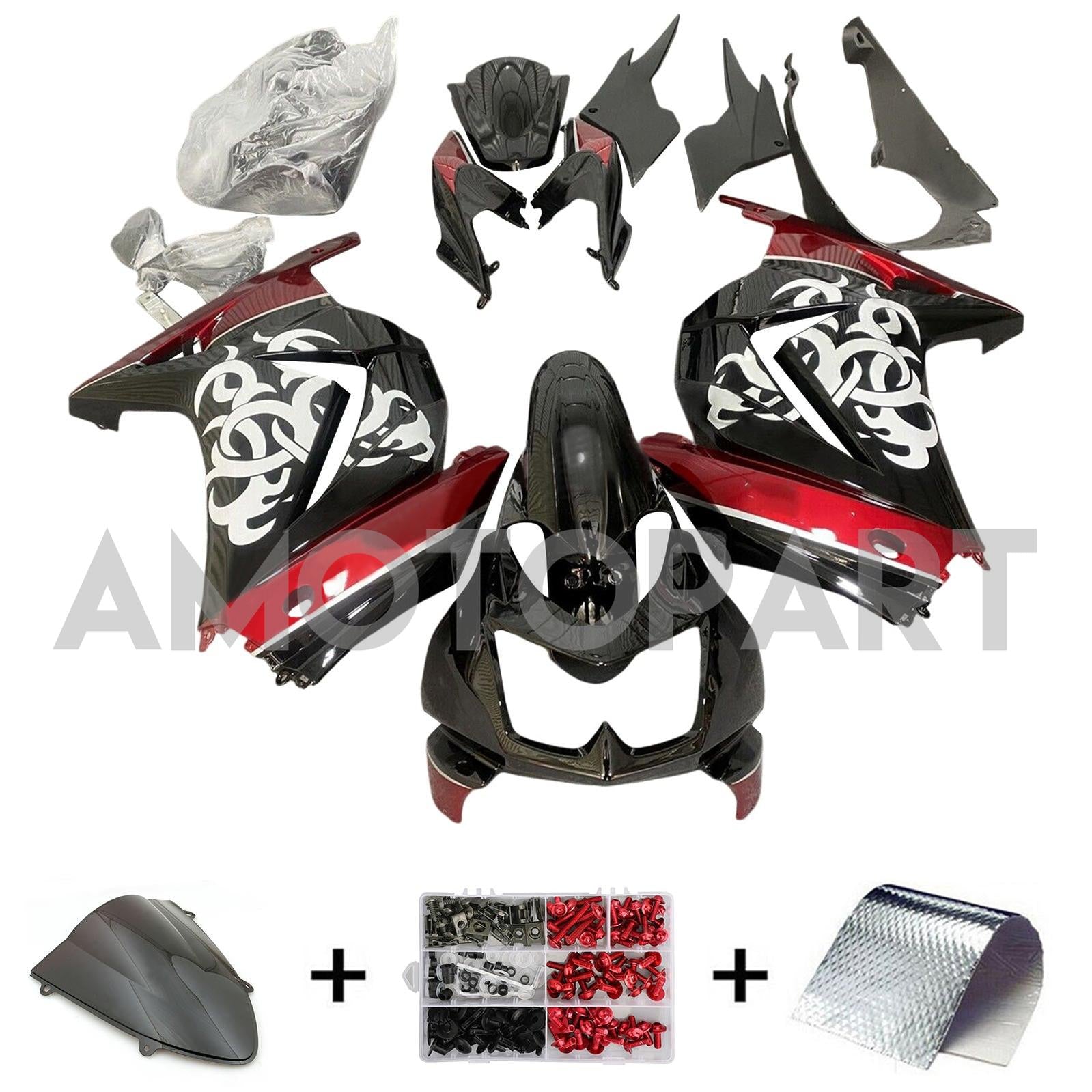Amotopart 2008-2012 Kawasaki EX250 Ninja250R Glossy Black Red & White Fairing Kit