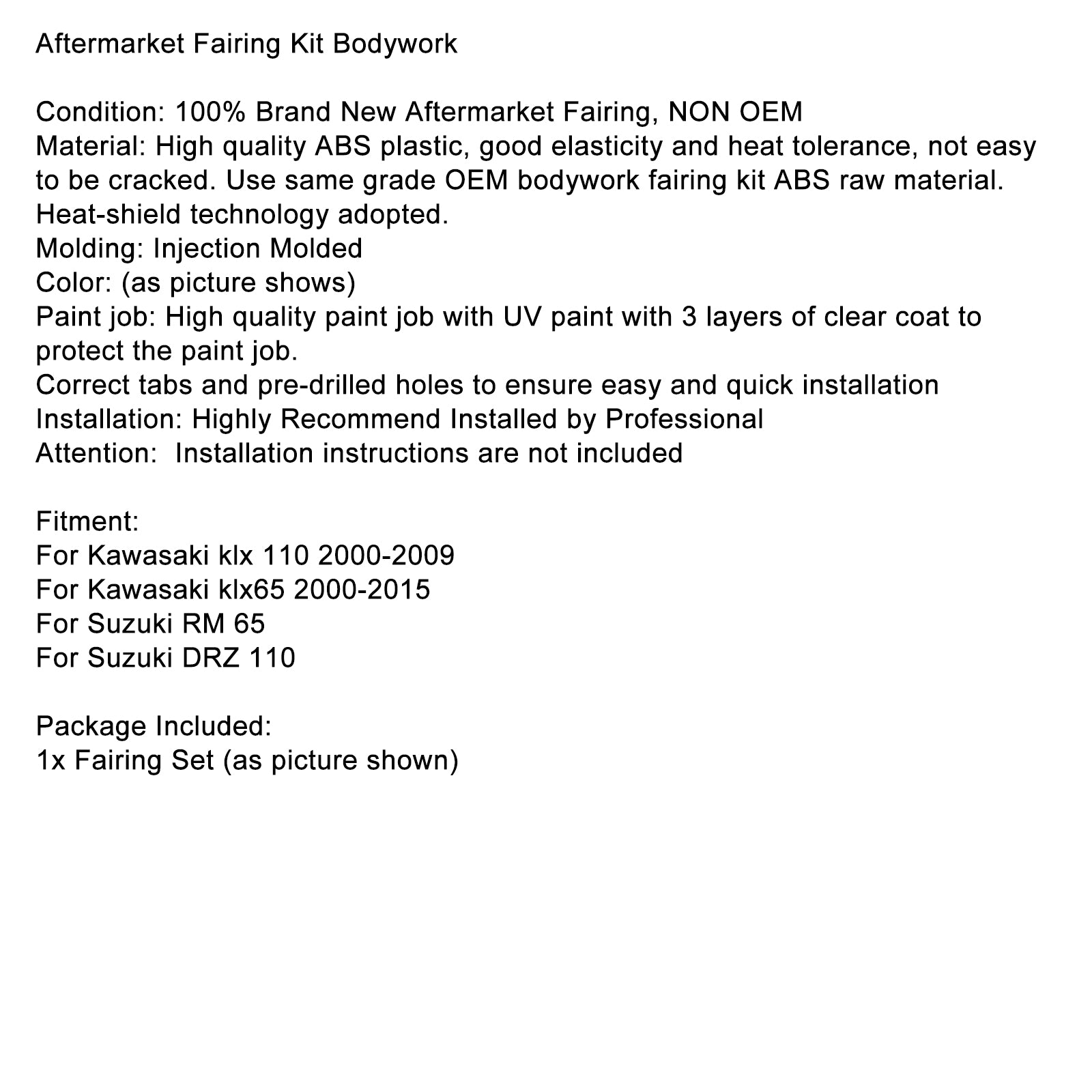 Injektion ABS Plastikkörperverkleidungskit für Kawasaki KLX110 KLX65 RM65 DRZ110