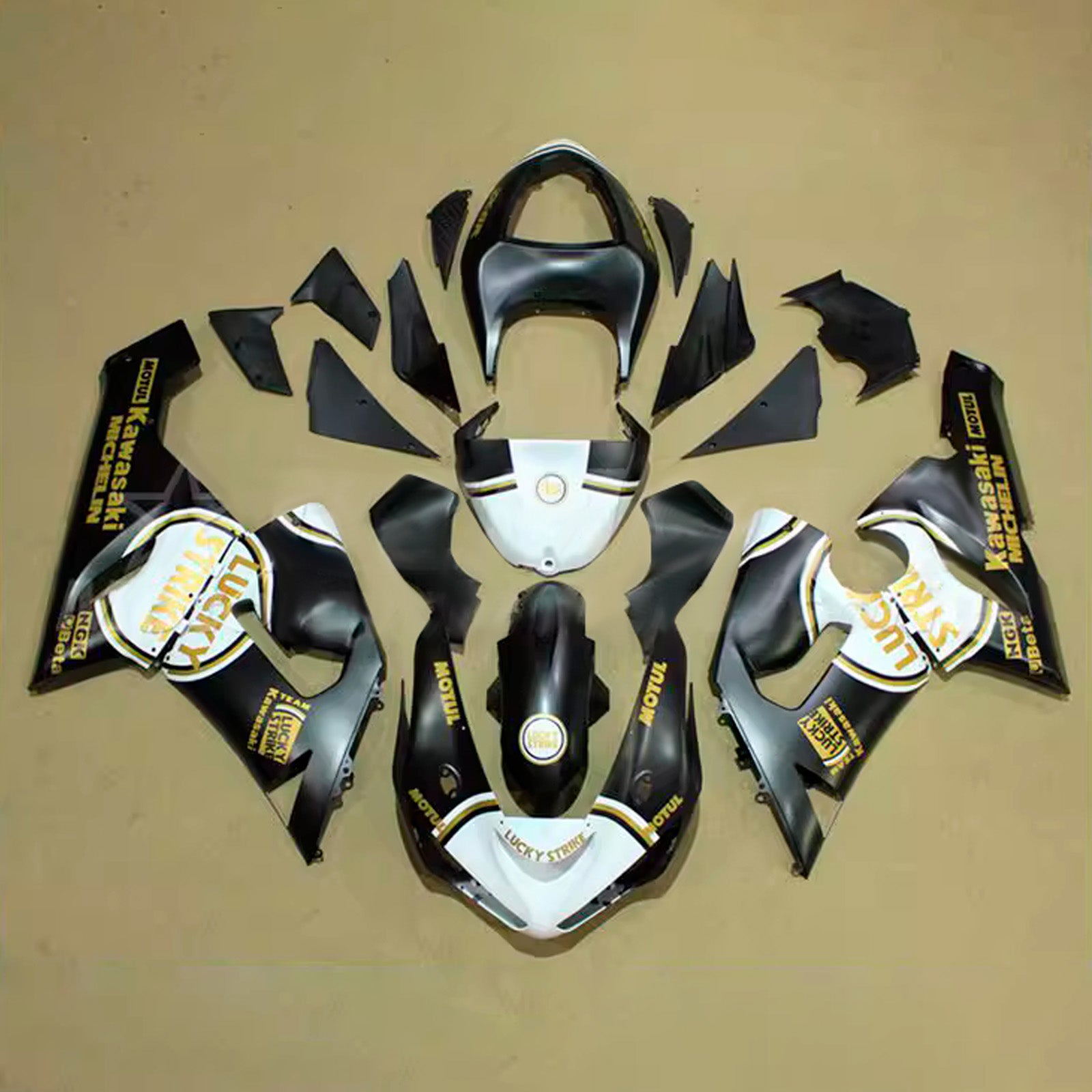 Amotopart 2005-2006 Kawasaki ZX6R 636 Black Gold White Fairing Kit