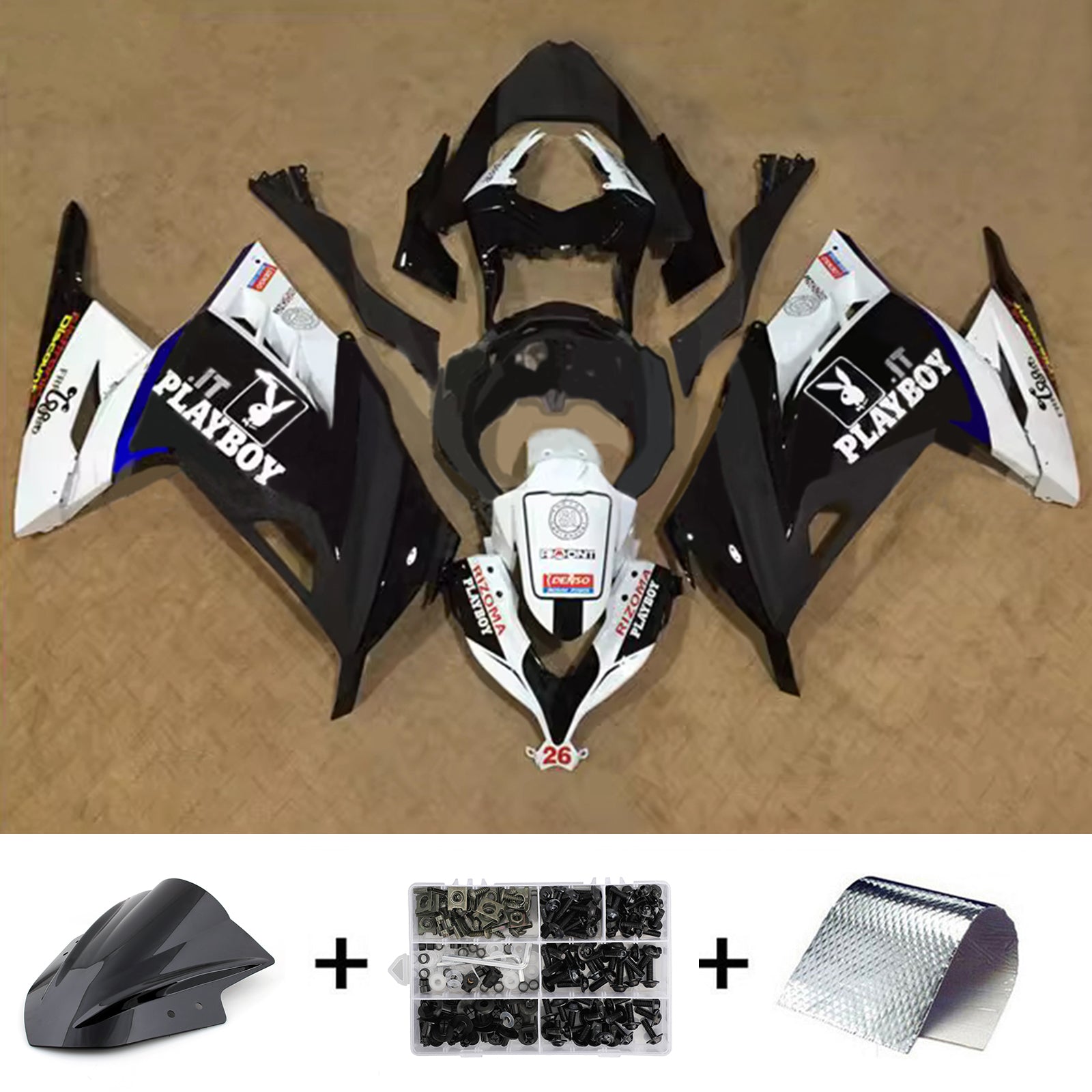 Amotopart 2013-2024 Kawasaki EX300/Ninja300 Black White Blue Fairing Kit