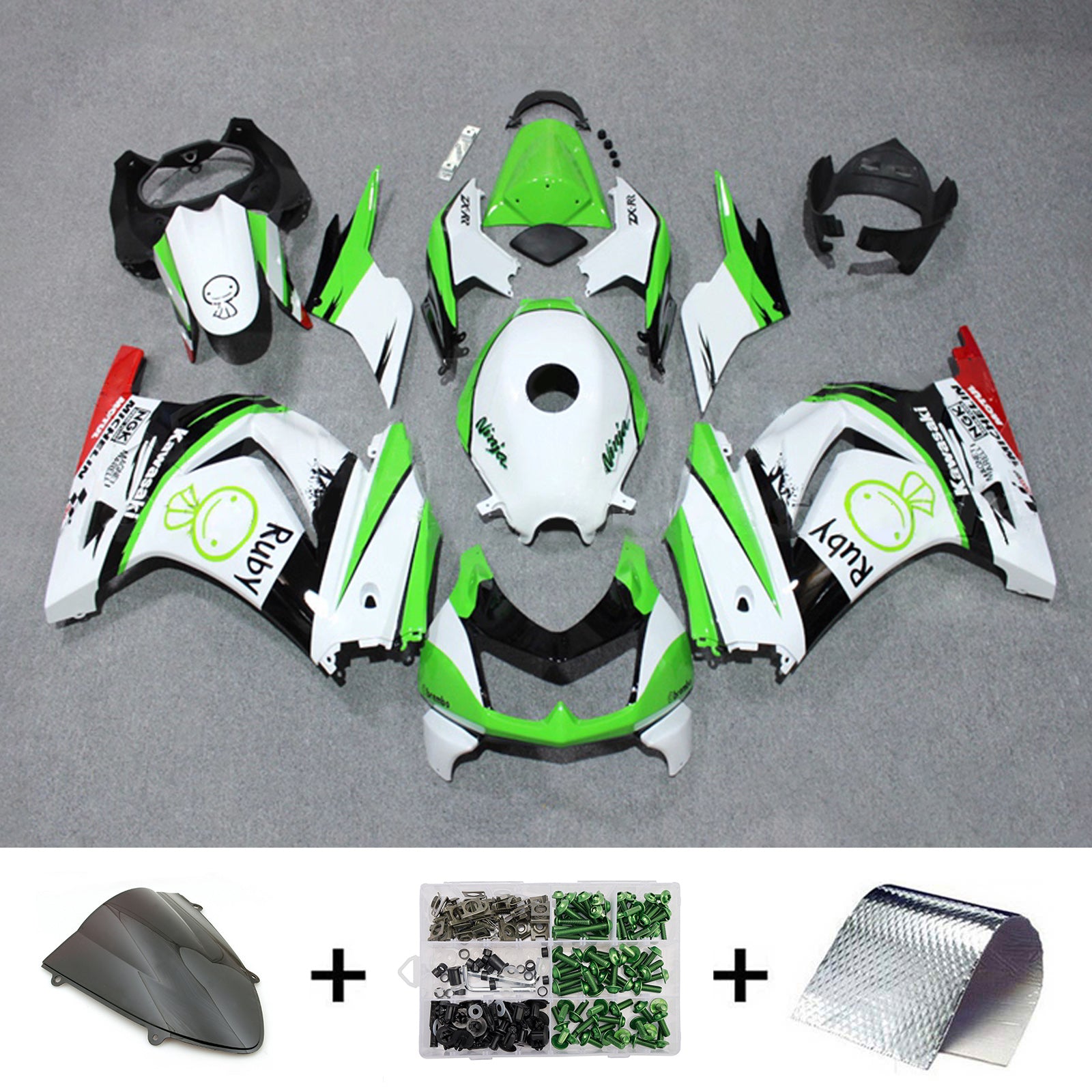 Amotopart 2008-2012 Kawasaki EX250/Ninja250R White Green Black Fairing Kit