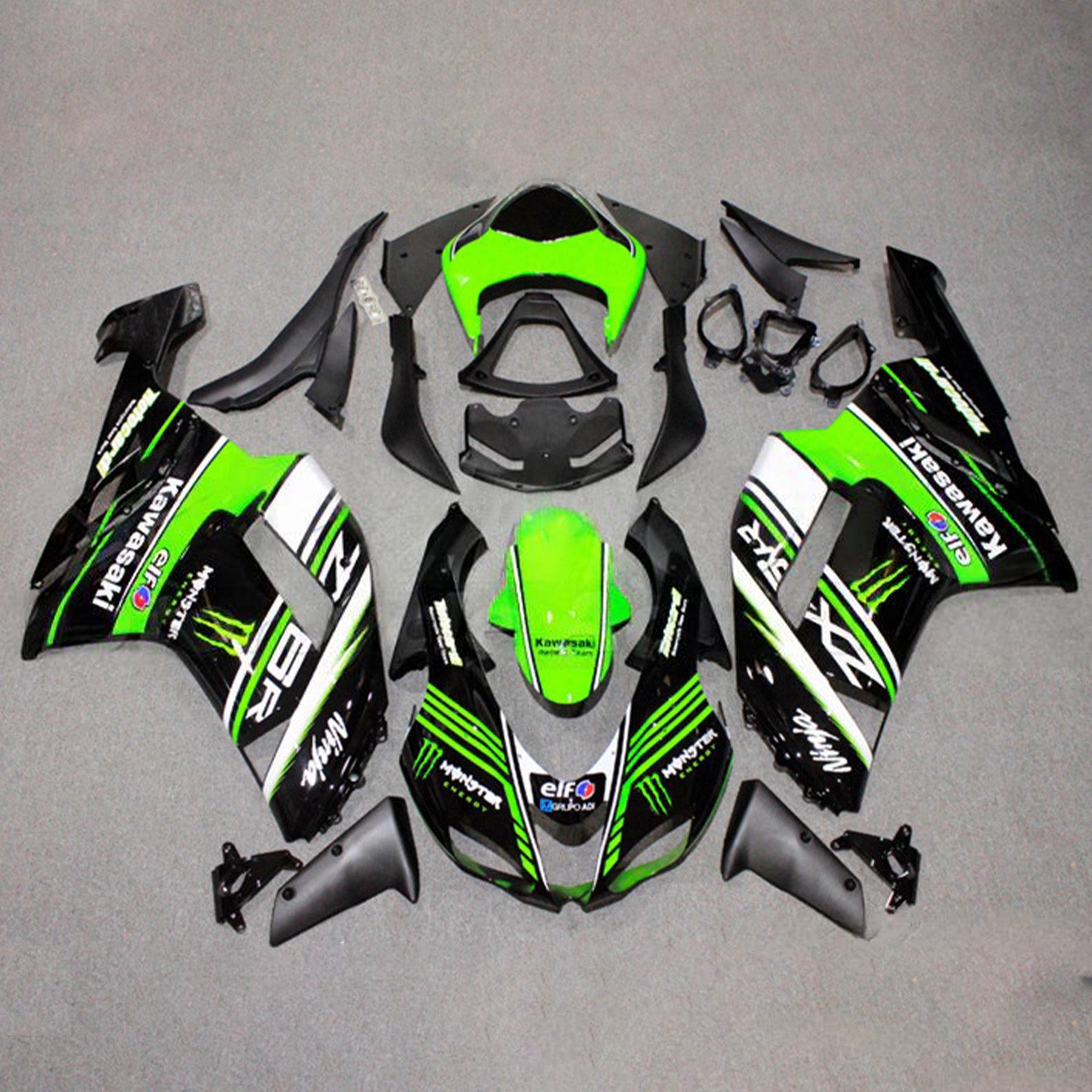 Amotopart 2007-2008 Kawasaki ZX6R 636 Black Green White Fairing Kit
