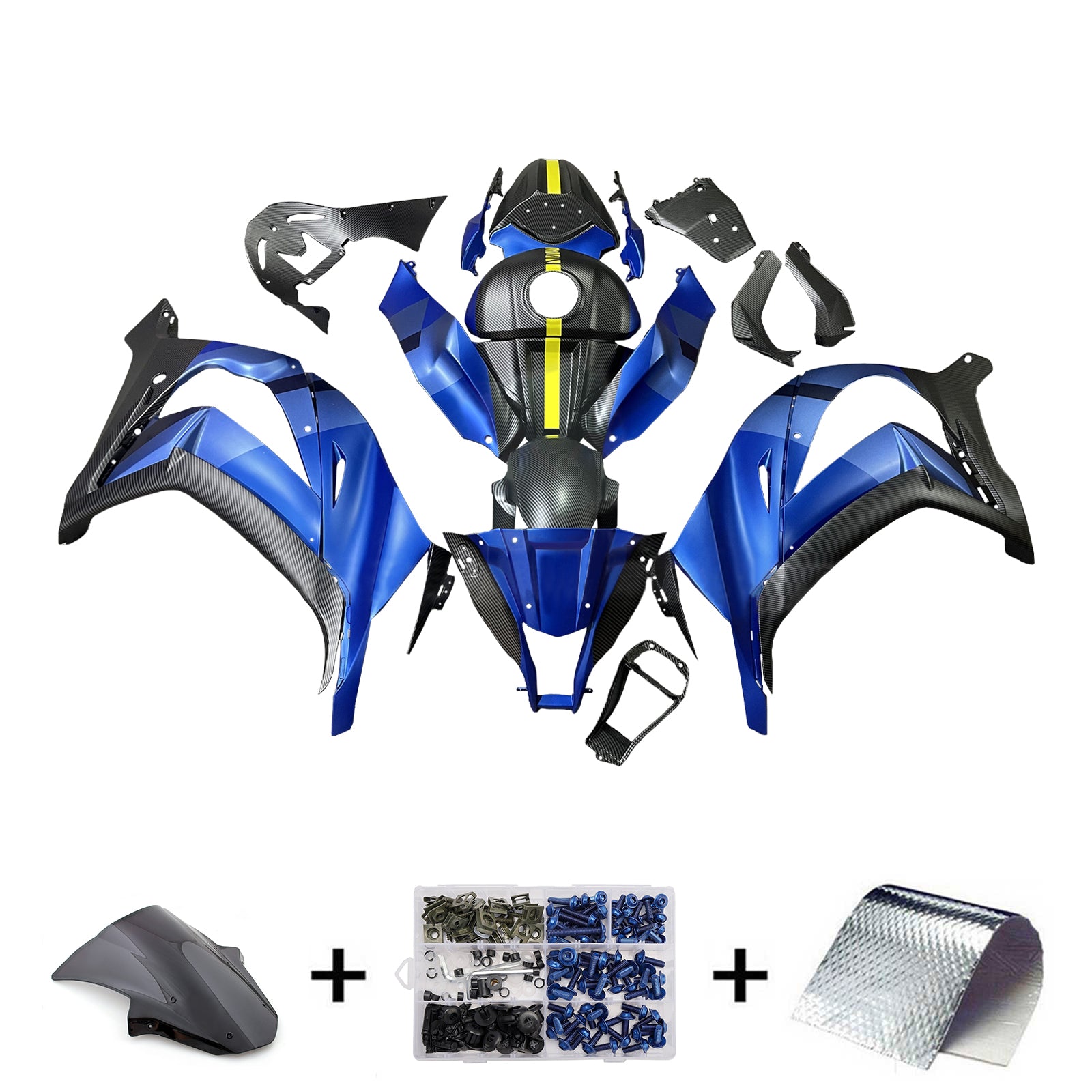 Amotopart 2011-2015 Kawasaki ZX10R Carbon Fiber Pattern & Blue Black Fairing Kit