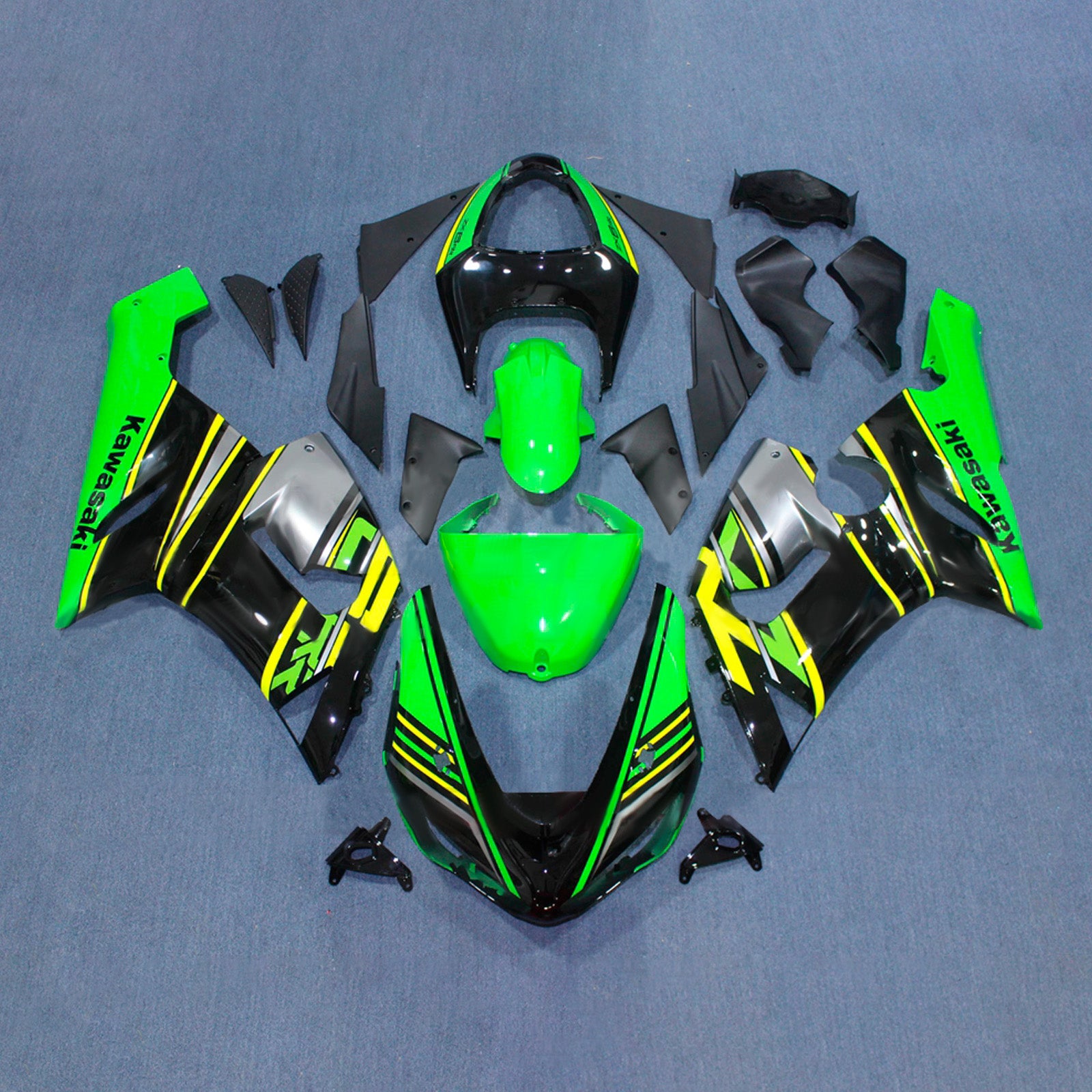 Amotopart 2005-2006 Kawasaki ZX6R 636 Black Green Yellow Fairing Kit