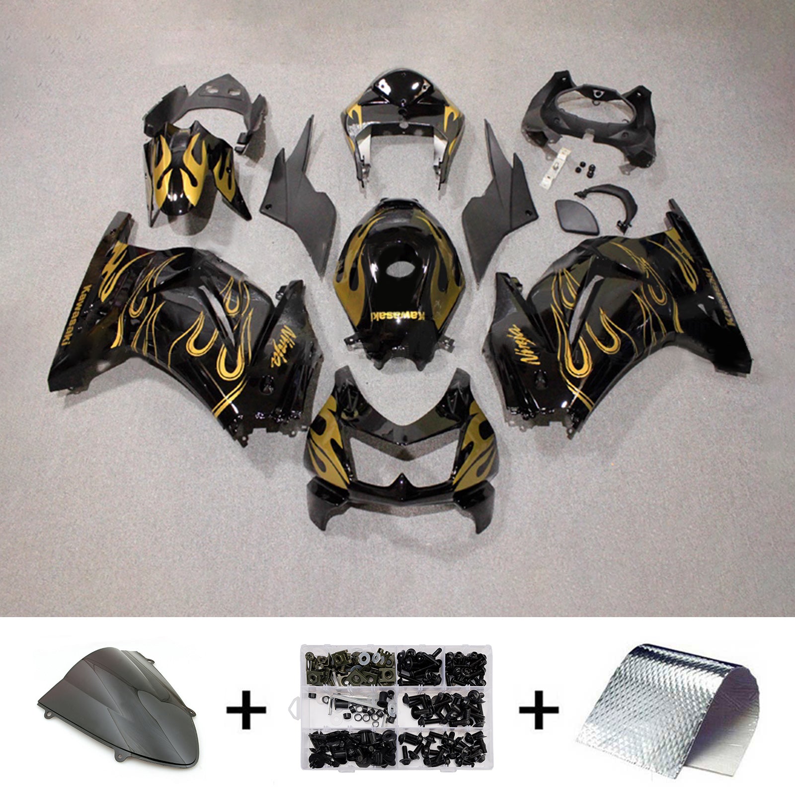 Amotopart 2008-2012 Kawasaki EX250/Ninja250R Black Gold Flame Fairing Kit