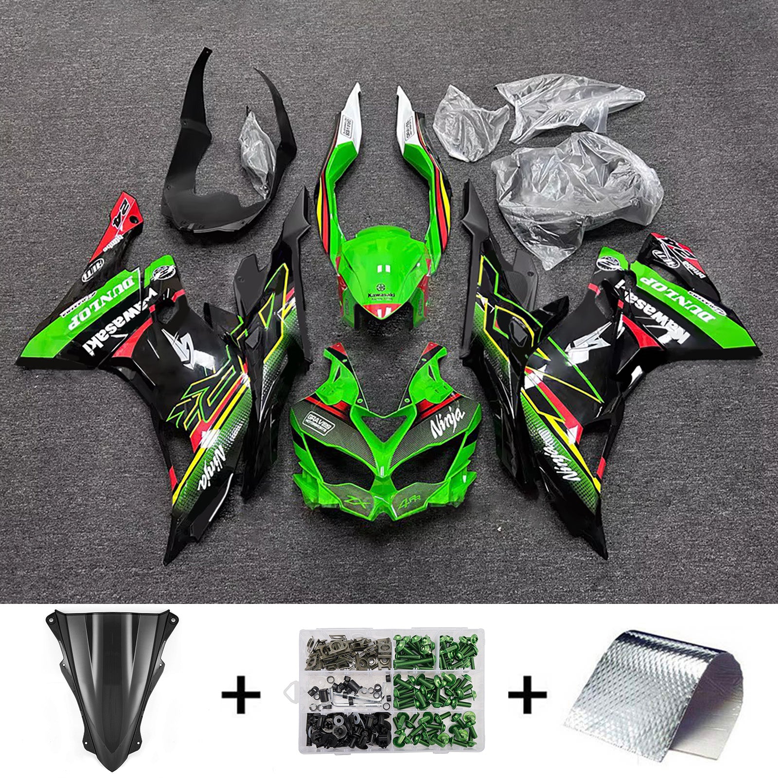 Amotopart 2019-2022 Kawasaki Ninja ZX-25R 2023-2025 Kawasaki Ninja ZX-4R/ZX-4RR Green Black Red Fairing Kit