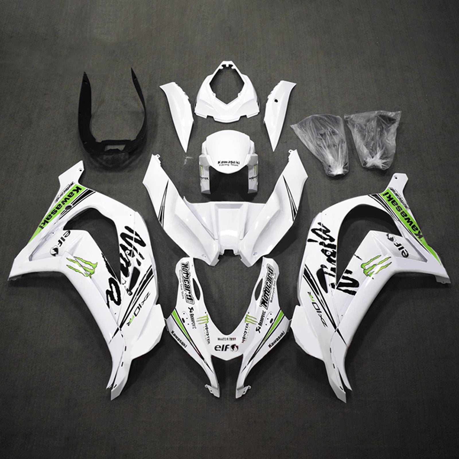 Amotopart 2016-2020 Kawasaki ZX10R White Black Green Fairing Kit