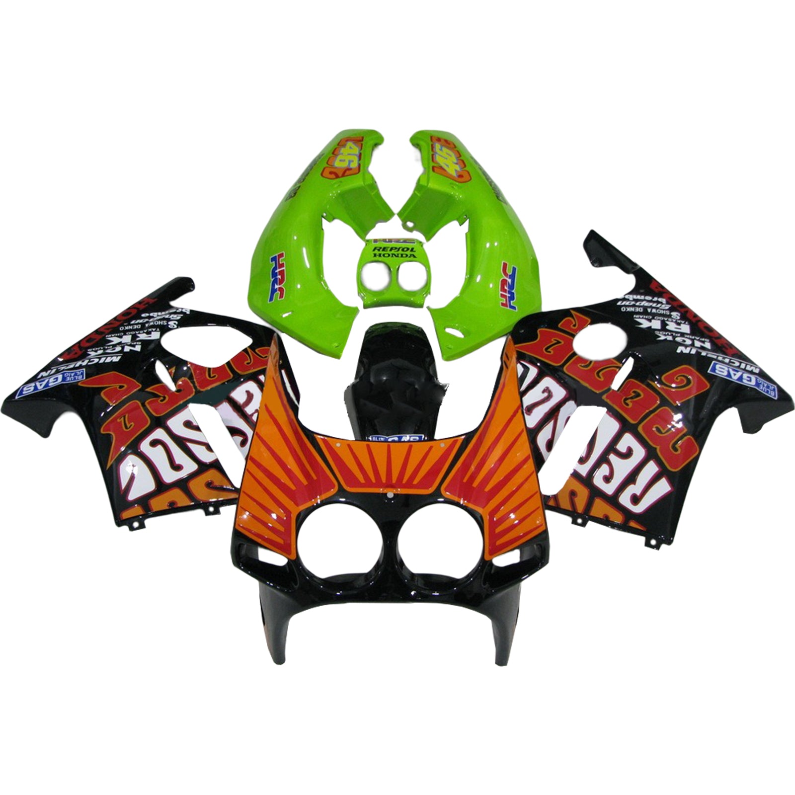 Amotopart 1988-1989 Honda CBR250RR Green & Orange Fairing Zestaw