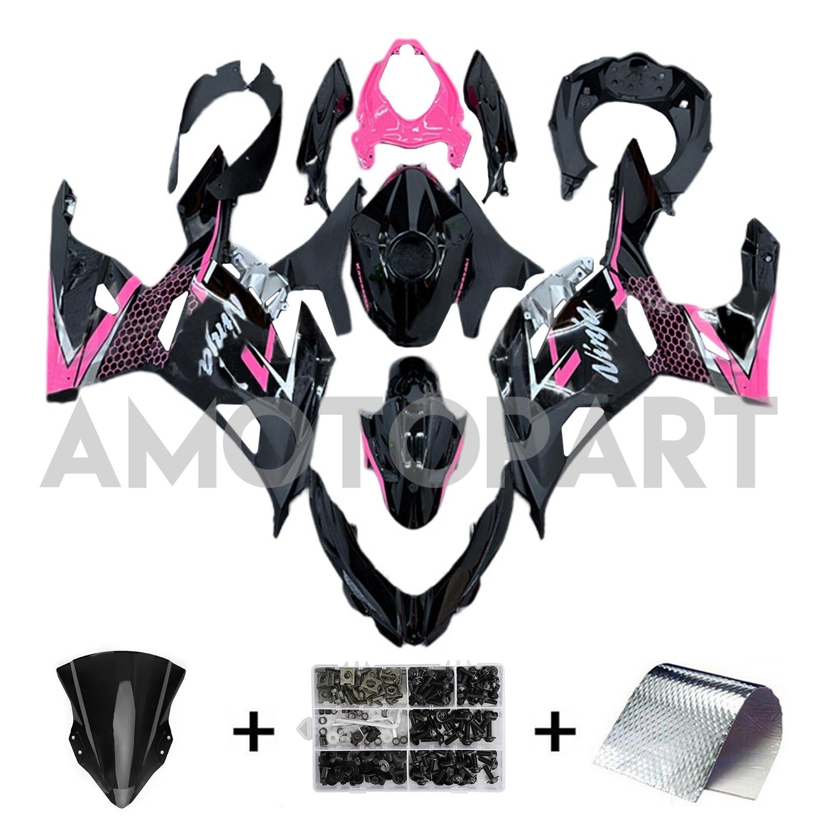Amotopart 2018-2024 Kawasaki EX400 Ninja400 Black&Pink Fairing Kit