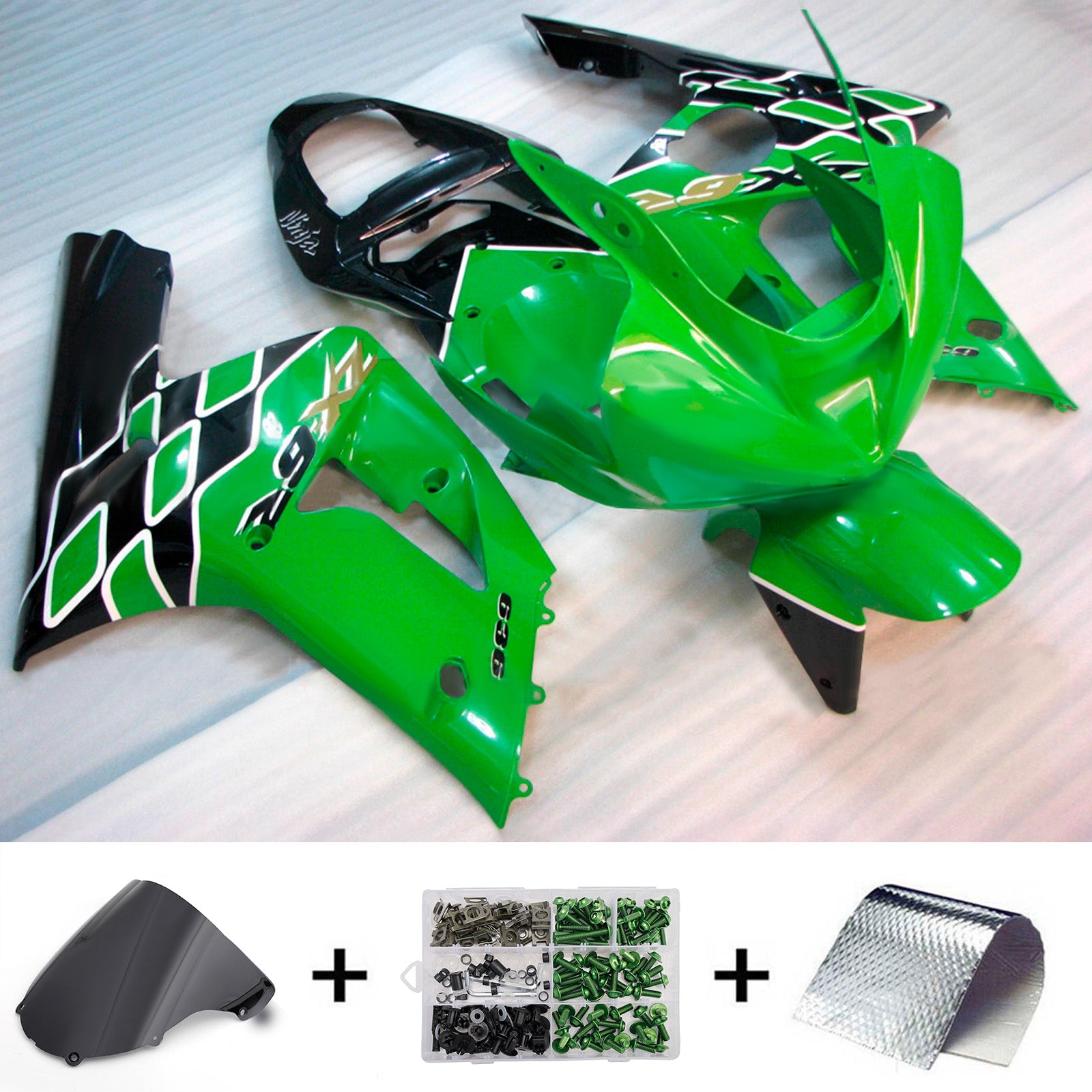 Amotopart 2003-2004 Kawasaki ZX6R 636 Green & White Black Fairing Kit