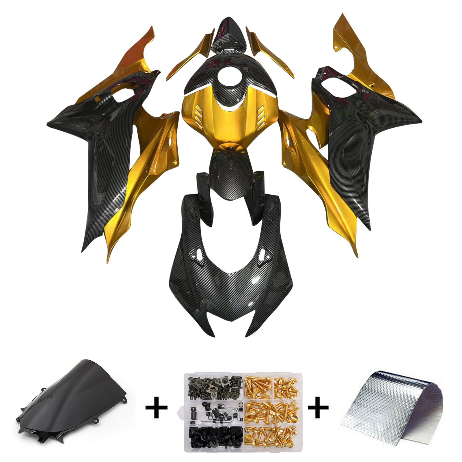 Amotopart 2017-2023 Yamaha YZF-R6 Carbon Fiber Pattern Gold Fairing Kit
