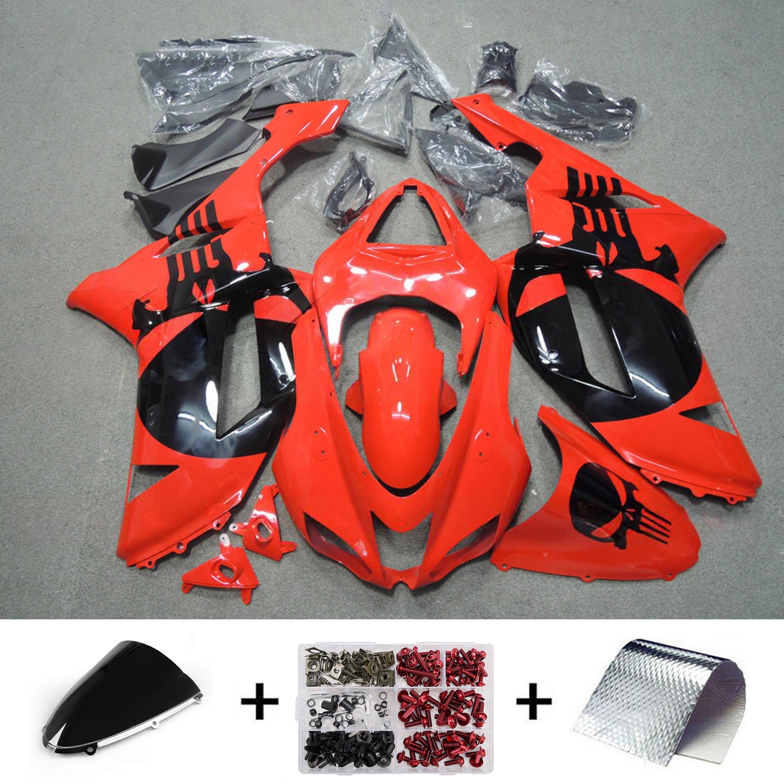 Amotopart 2007-2008 Kawasaki ZX6R 636 Red Black Fairing Kit