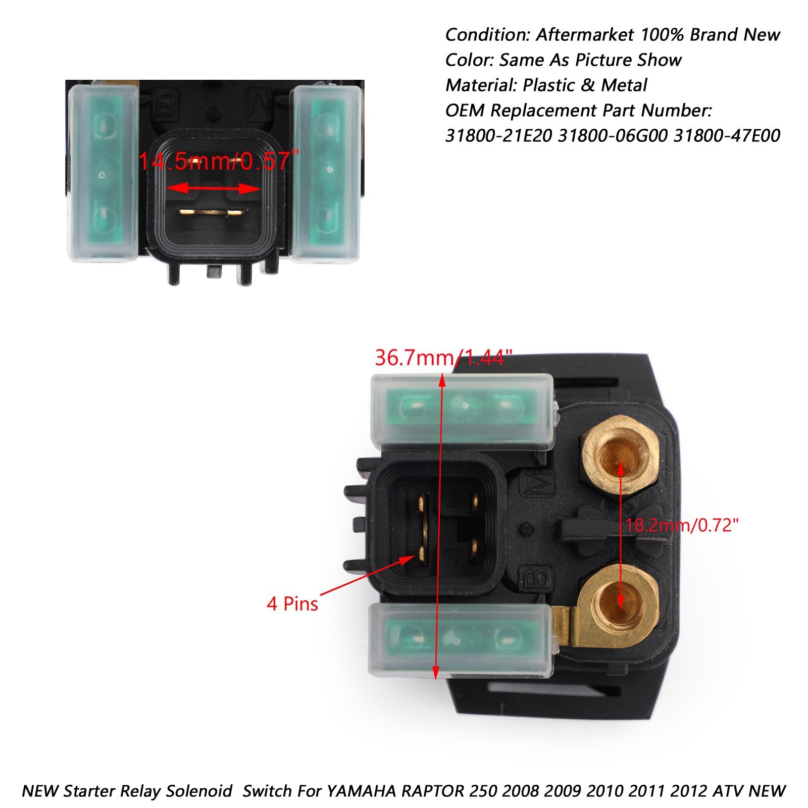 Starter Relay Solenoid FITS YAMAHA RAPTOR 250 2008 2009 2010 2011 2012 ATV NEW