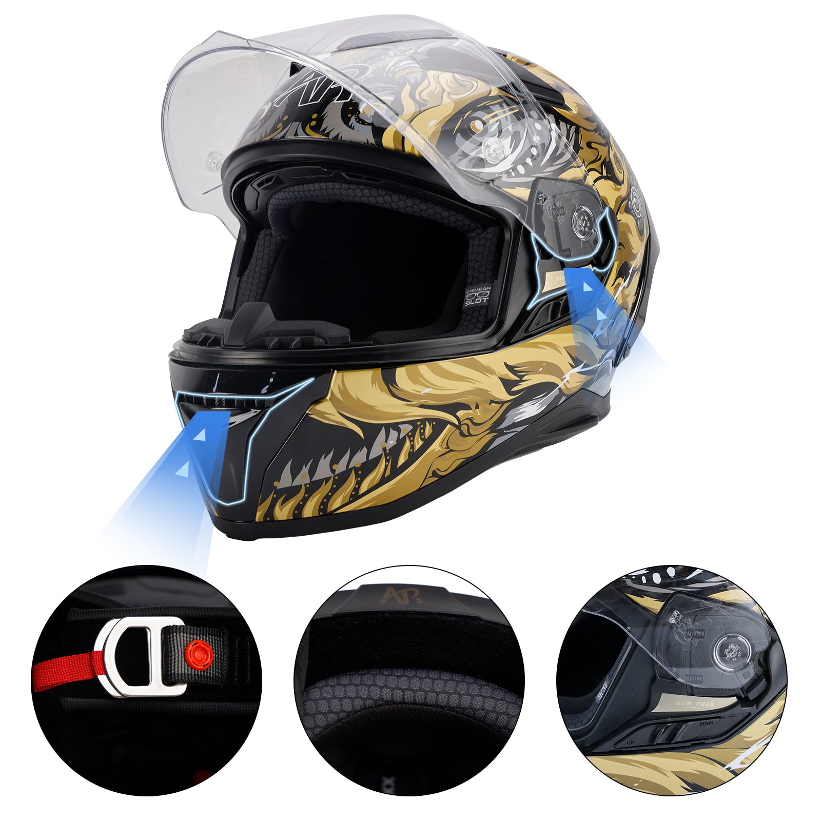 Amotopart DOT Motorcycle Helmet Adult Street Full Face Black gold