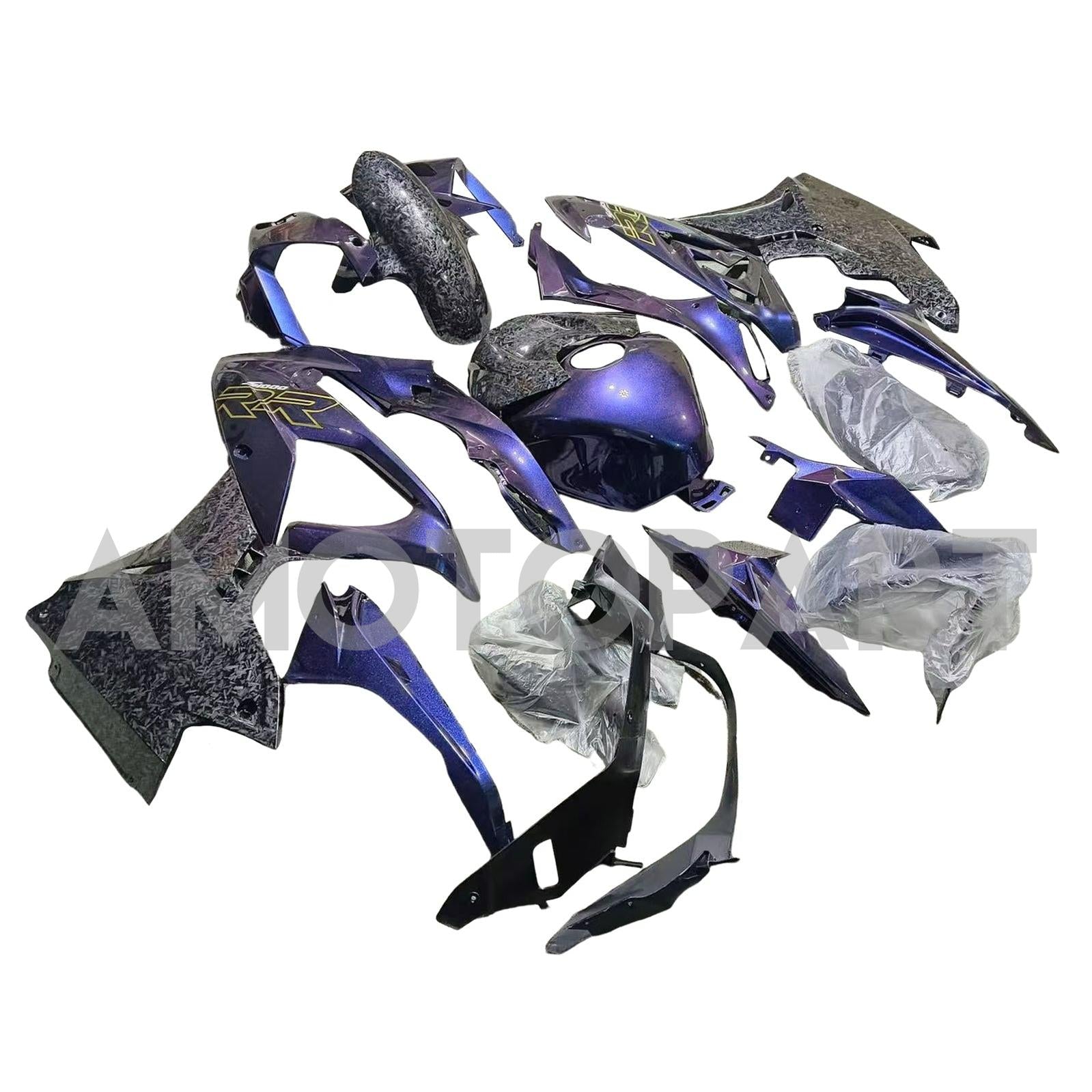 Amotopart BMW S1000RR 2015-2016 Kit de carenado de mármol de fibra de carbono azul degradado púrpura