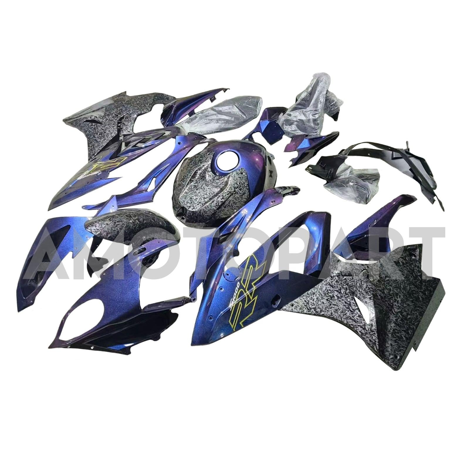 Amotopart BMW S1000RR 2015-2016 Kit de carenado de mármol de fibra de carbono azul degradado púrpura