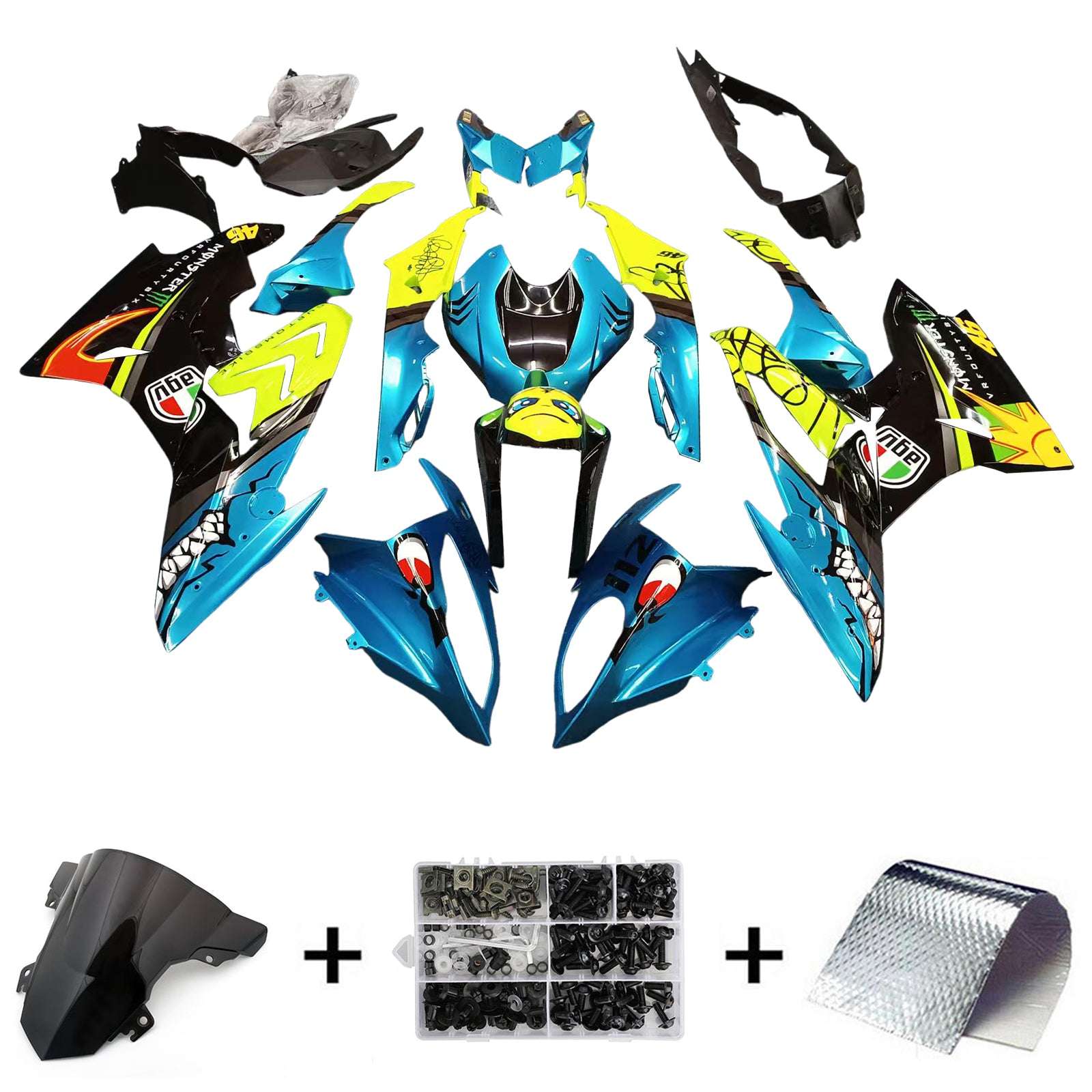 Amotopart Kit carena BMW S1000RR 2017-2018 Monster Style4 blu e giallo