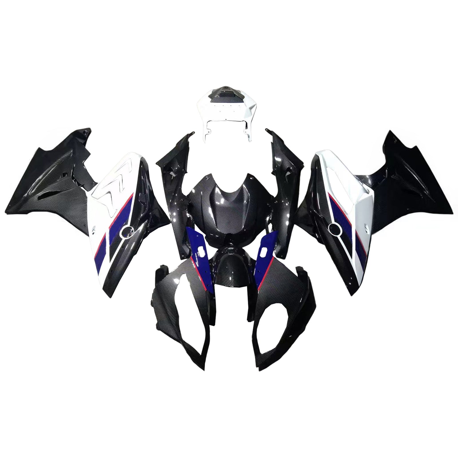 Amotopart 2017–2018 BMW S1000RR Verkleidungsset mit Karbonfasermuster, Weiß, Blau