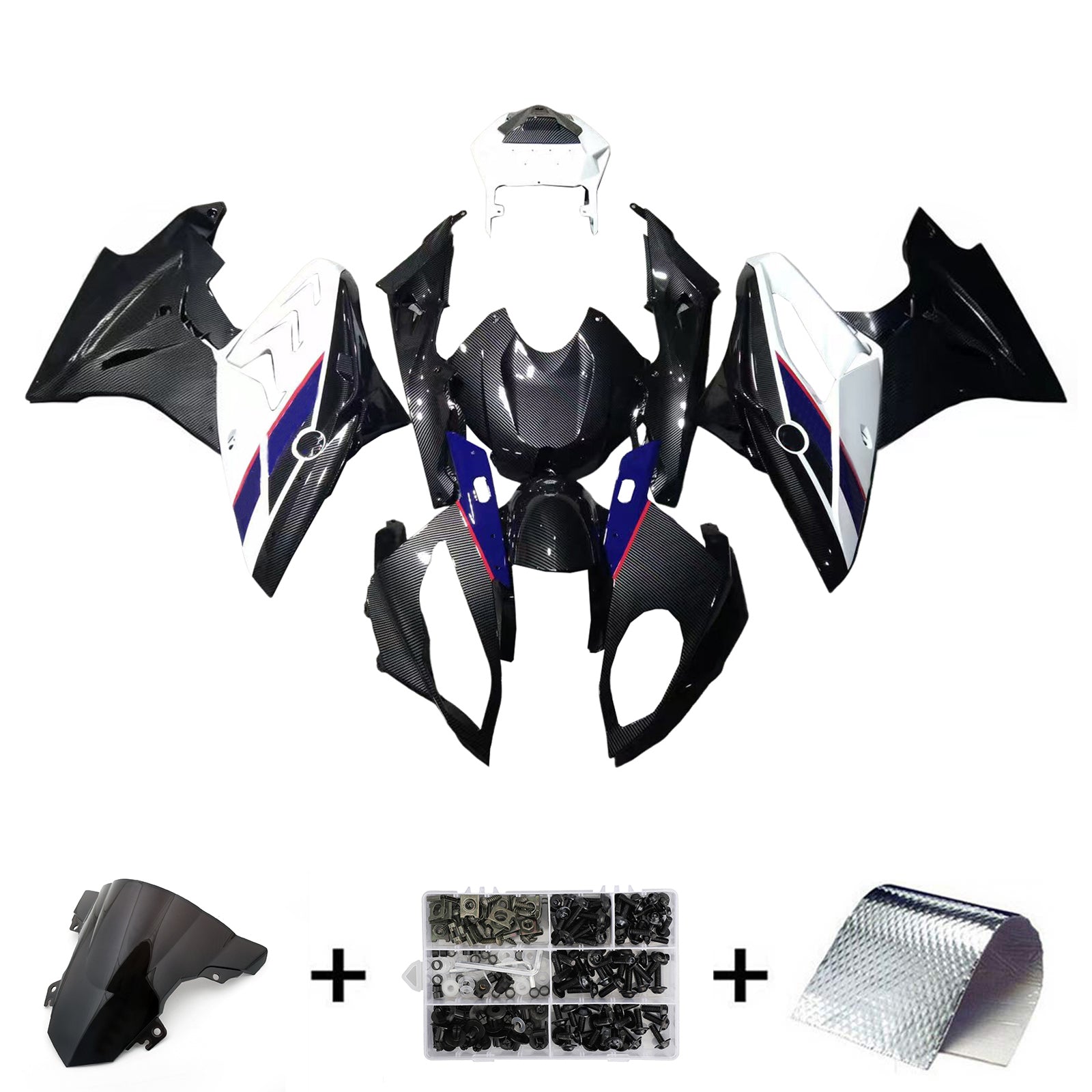Amotopart 2017–2018 BMW S1000RR Verkleidungsset mit Karbonfasermuster, Weiß, Blau