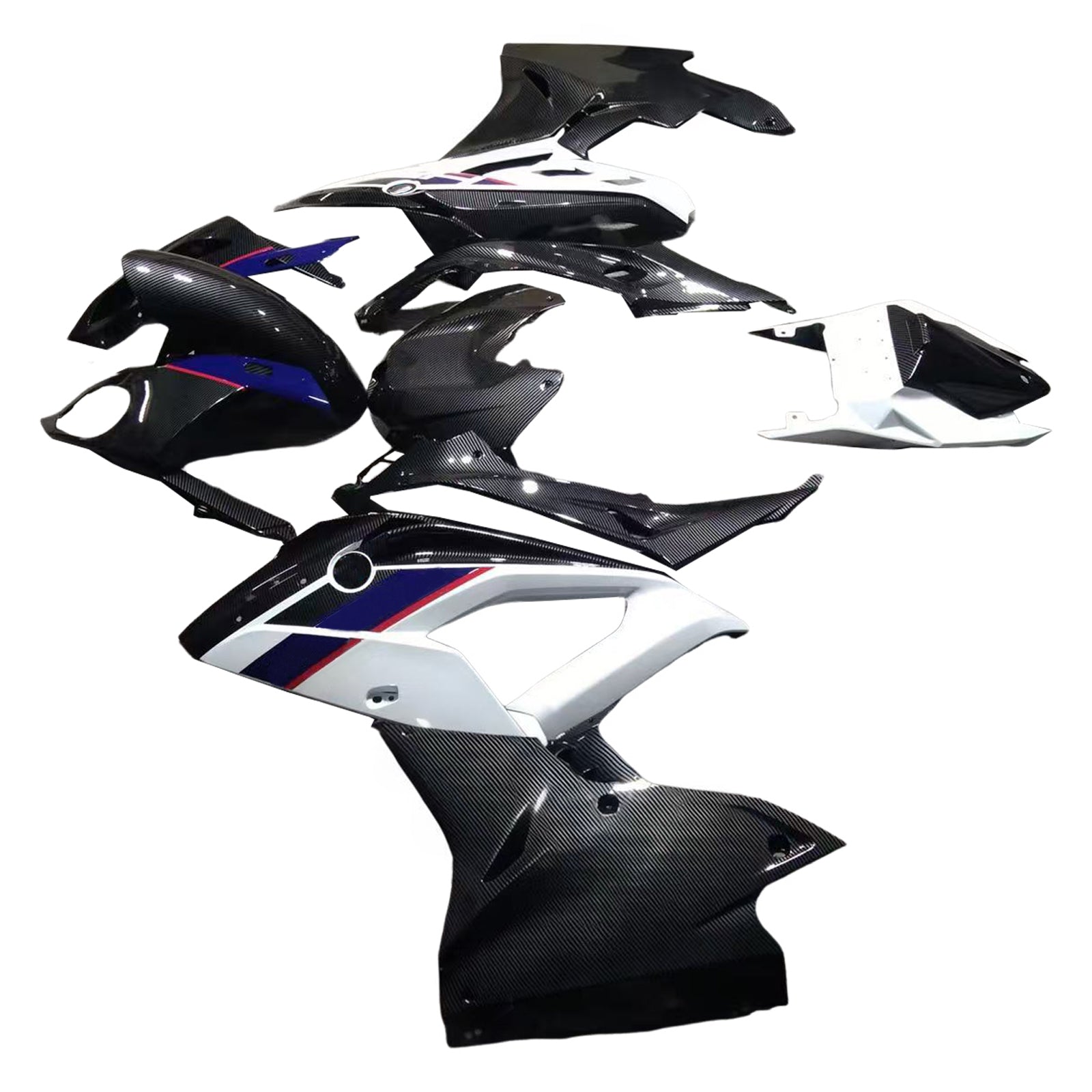 Amotopart 2017–2018 BMW S1000RR Verkleidungsset mit Karbonfasermuster, Weiß, Blau