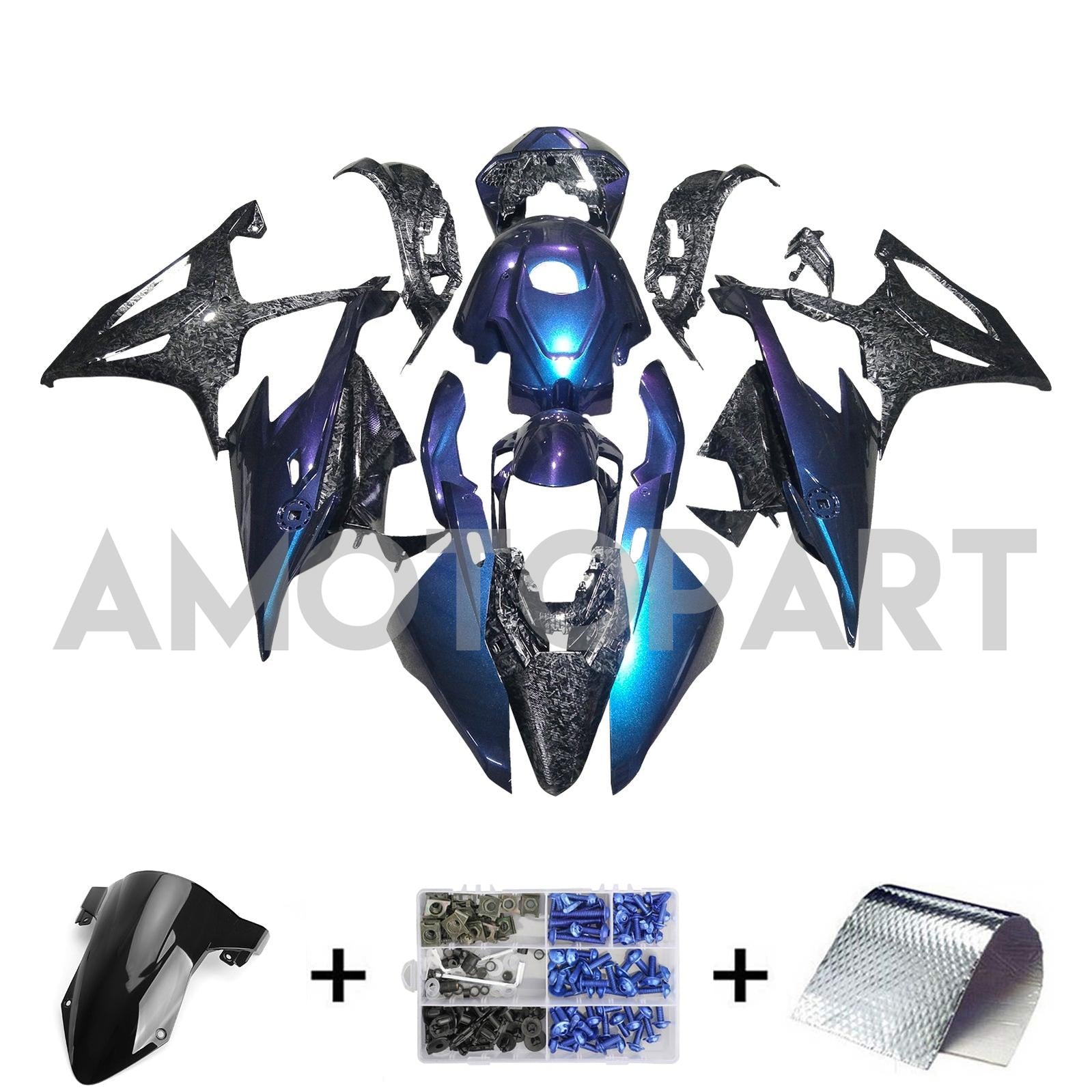 Amotopart 2019-2022 BMW S1000RR Forge Carbon Fiber Patterns Blue Fairing Kit
