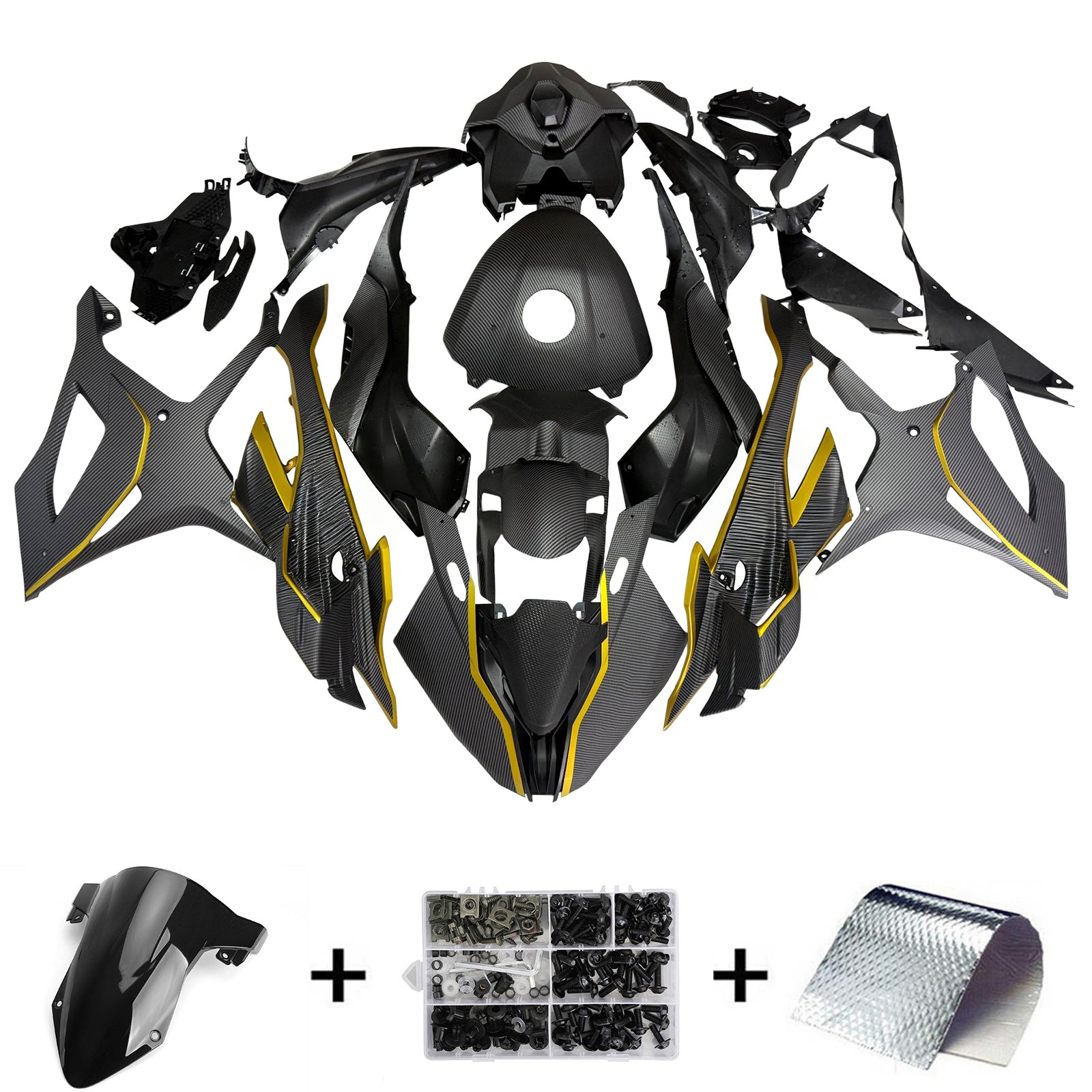 Amotopart 2023-2024 BMW S1000RR Carbon Fiber Pattern Gold Fairing Kit