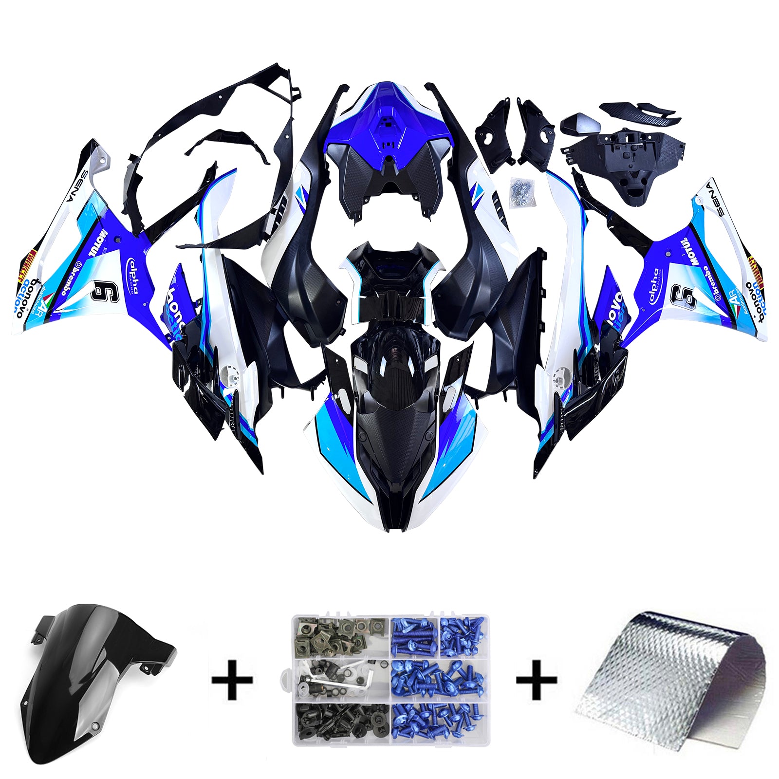 Amotopart 2023-2024 BMW S1000RR 光沢のあるブラック ブルー ホワイト フェアリングキット