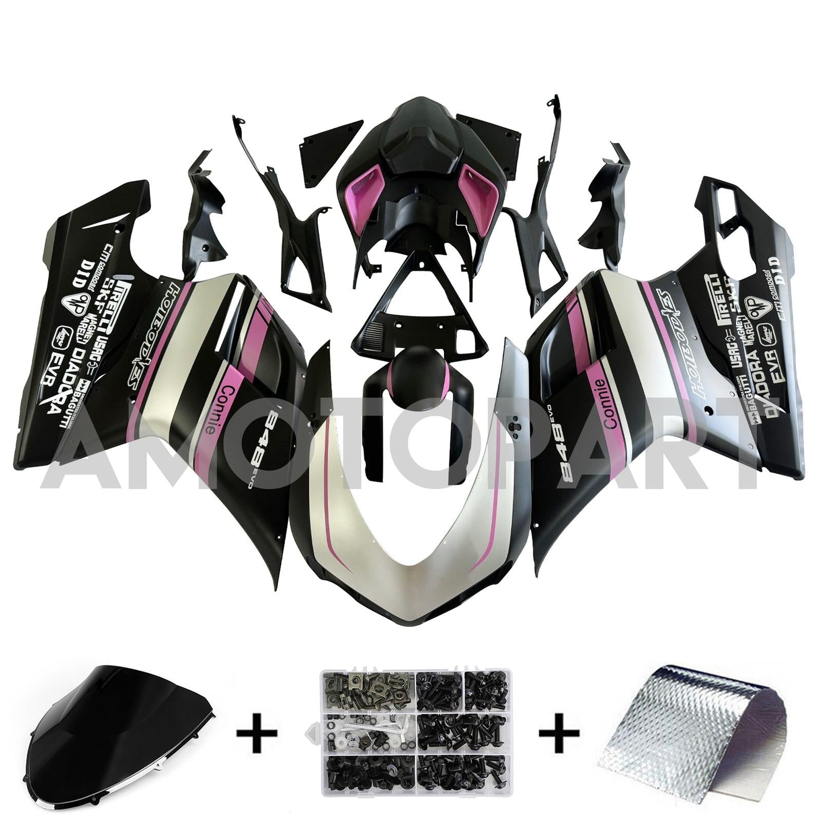 Amotopart All Years Ducati 1098/1198/848 Black Pink Fairing Kit