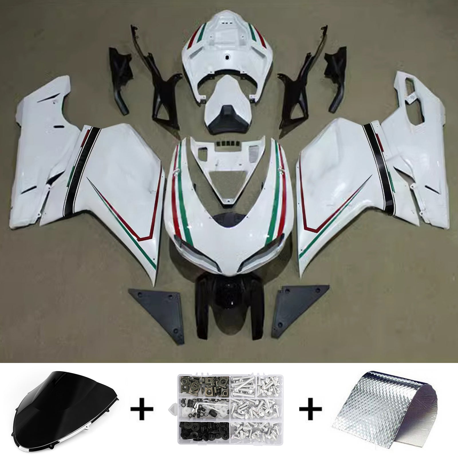 Amotopart All Years Ducati 1098/1198/848 Glssy White Red Green Fairing Kit