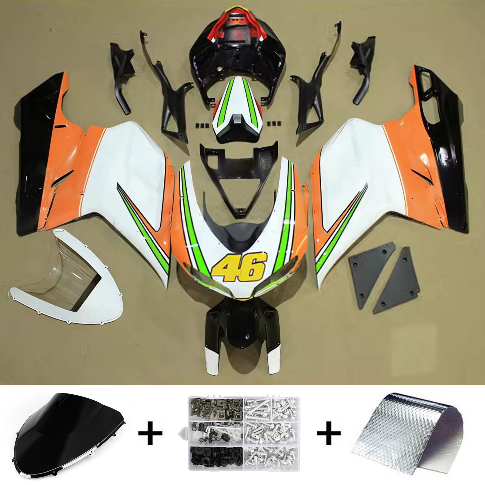 Amotopart All Years Ducati 1098/1198/848 Glossy Black White Orange Fairing Kit