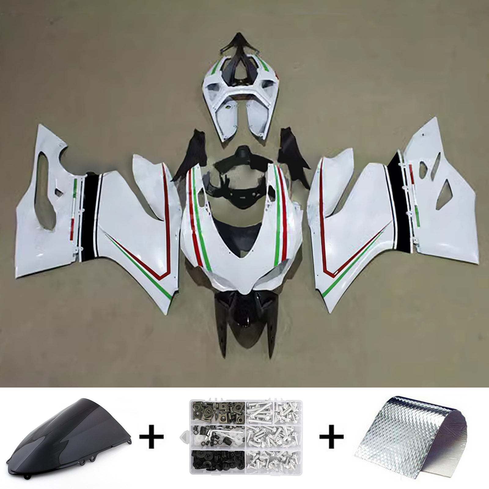 Amotopart 2012-2015 Ducati 1199/899 光沢のある白、赤、緑のライン フェアリングキット