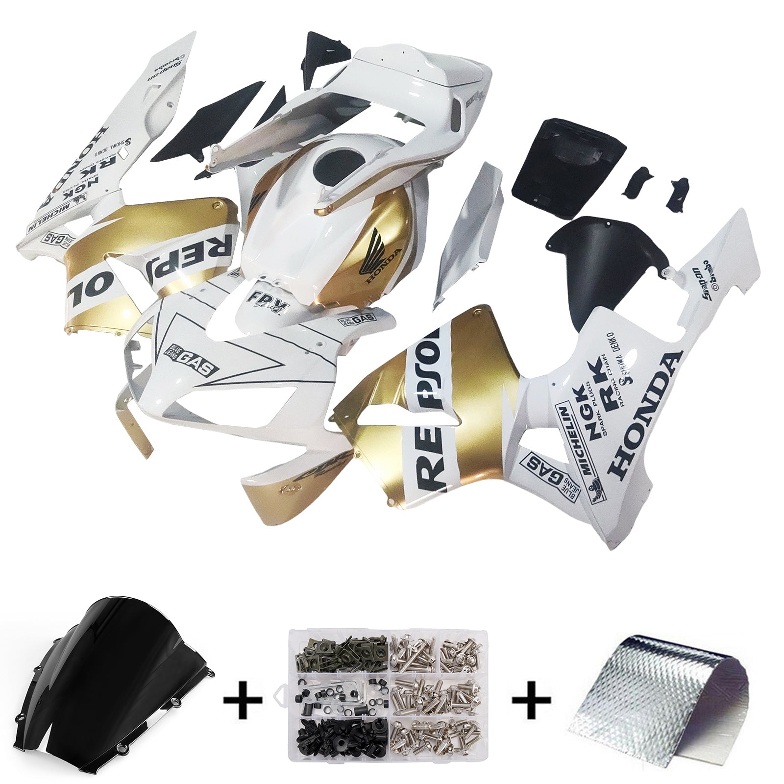 Amotopart 2003-2004 Honda CBR600RR Fairing White&Gold Kit