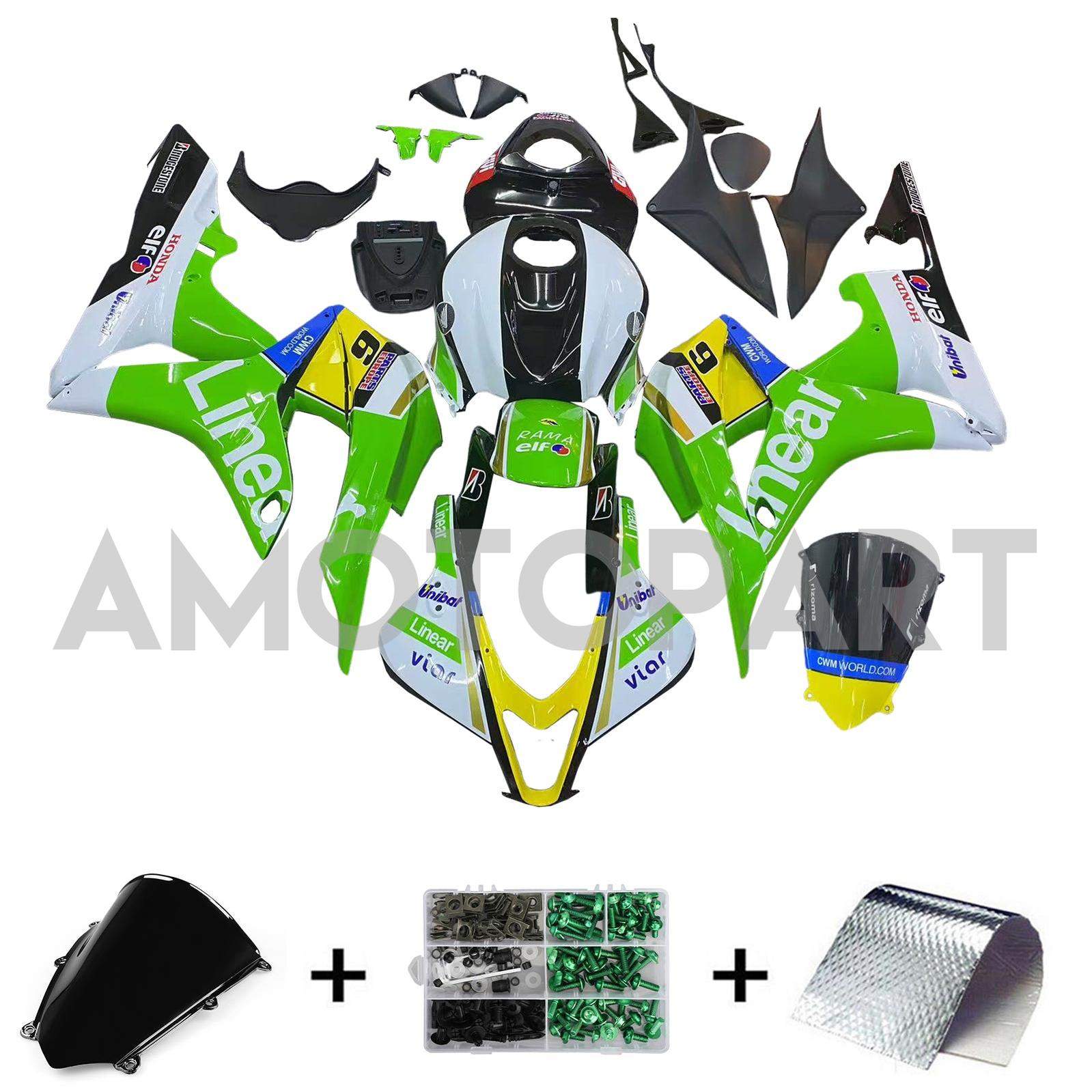 Amotopart 2007-2008 Honda CBR600RR Green Yellow White Fairing Kit