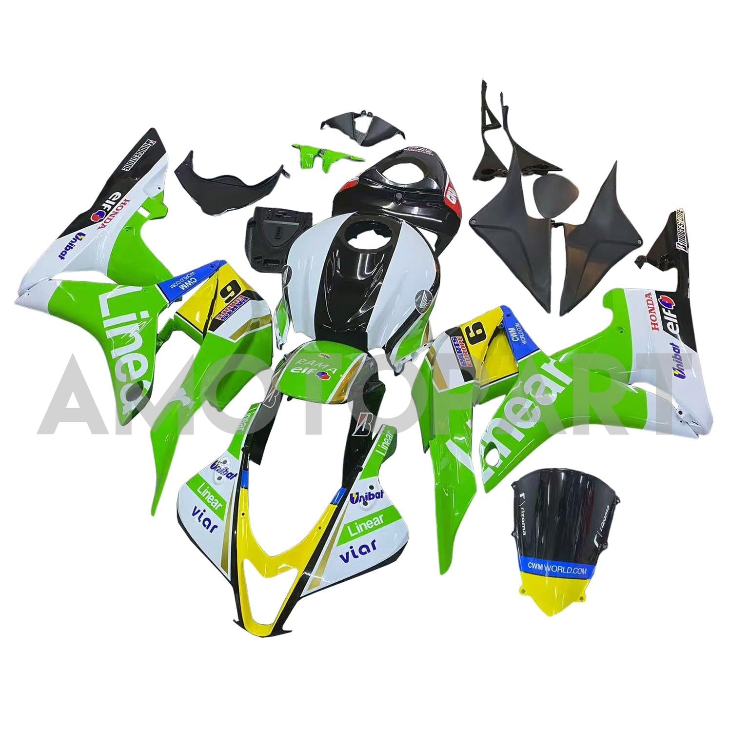 Amotopart 2007-2008 Honda CBR600RR Green Yellow White Fairing Kit