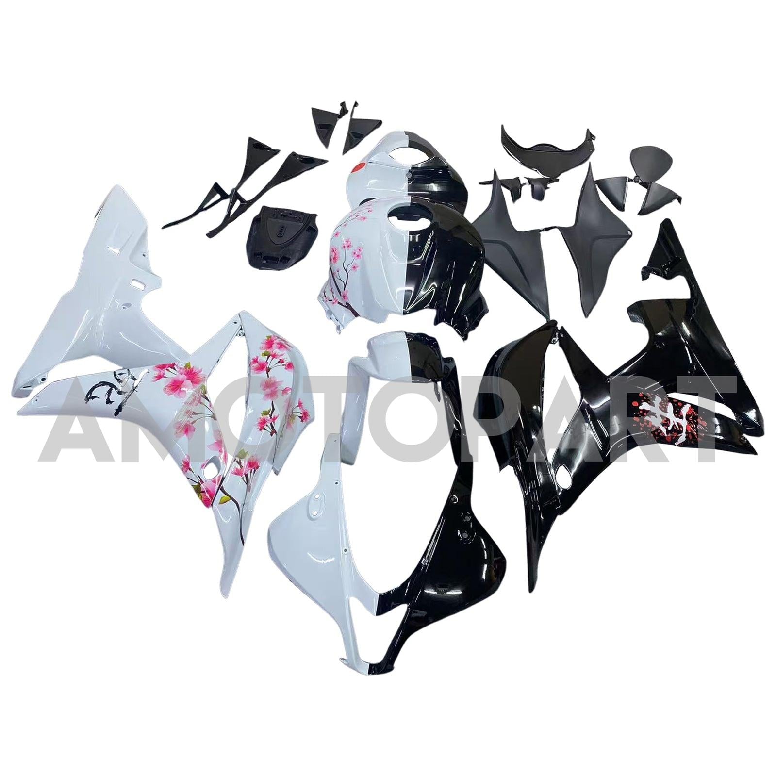 Amotopart 2007-2008 Honda CBR600RR Black White Cherry Blossom Fairing Kit