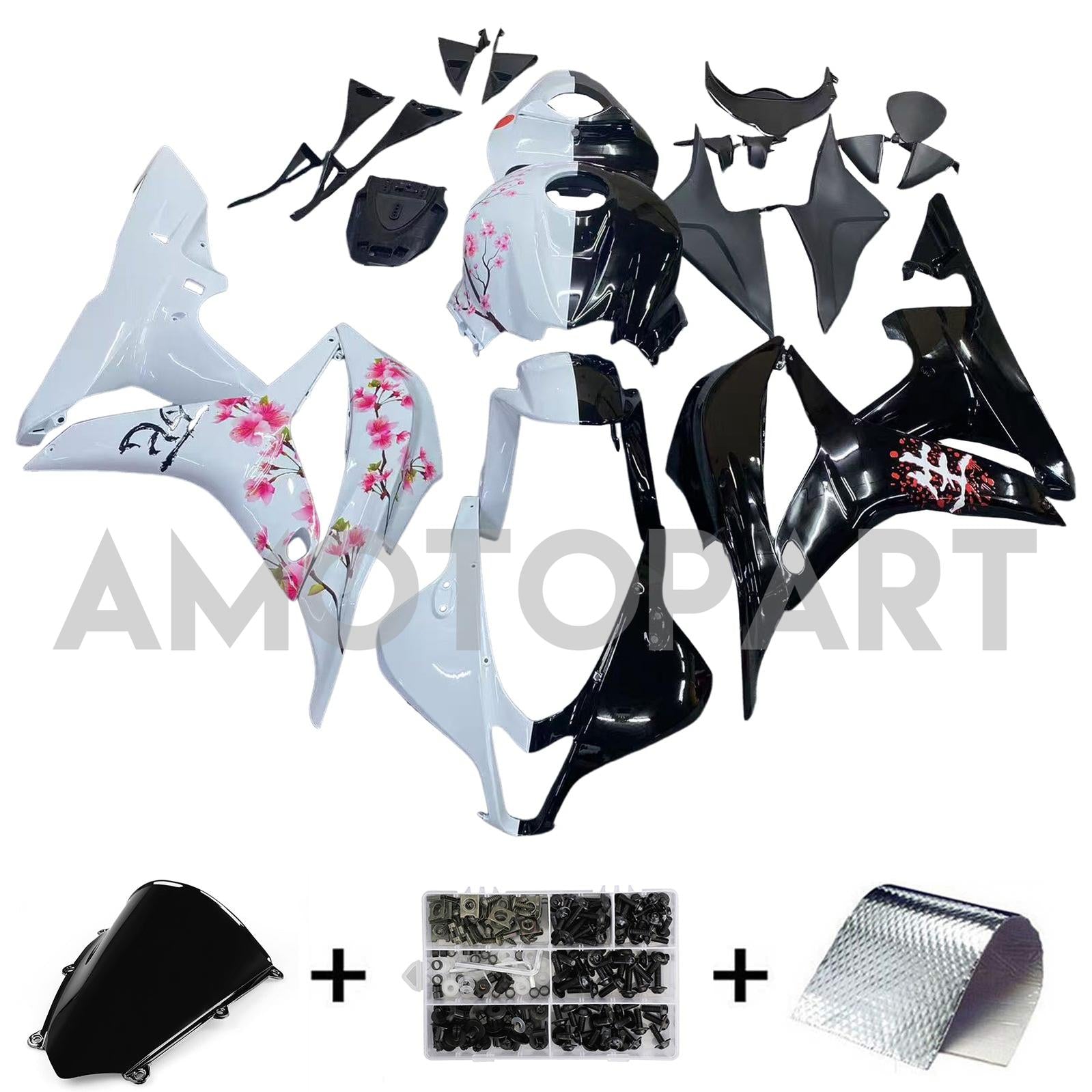 Amotopart 2007-2008 Honda CBR600RR Black White Cherry Blossom Fairing Kit