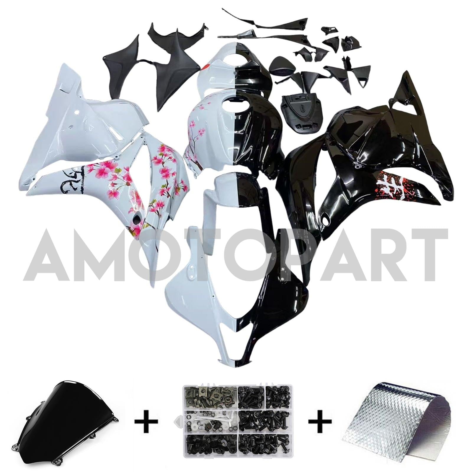 Amotopart 2009-2012 Honda CBR600RR Black White Cherry Blossom Fairing Kit