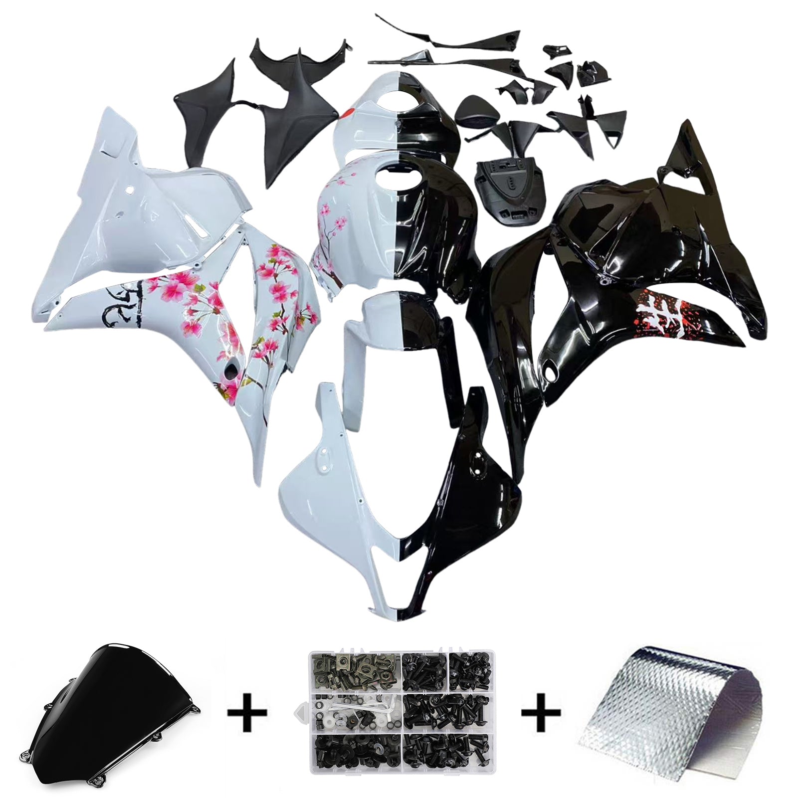 Amotopart 2009-2012 Honda CBR600RR Black White Cherry Blossom Fairing Kit