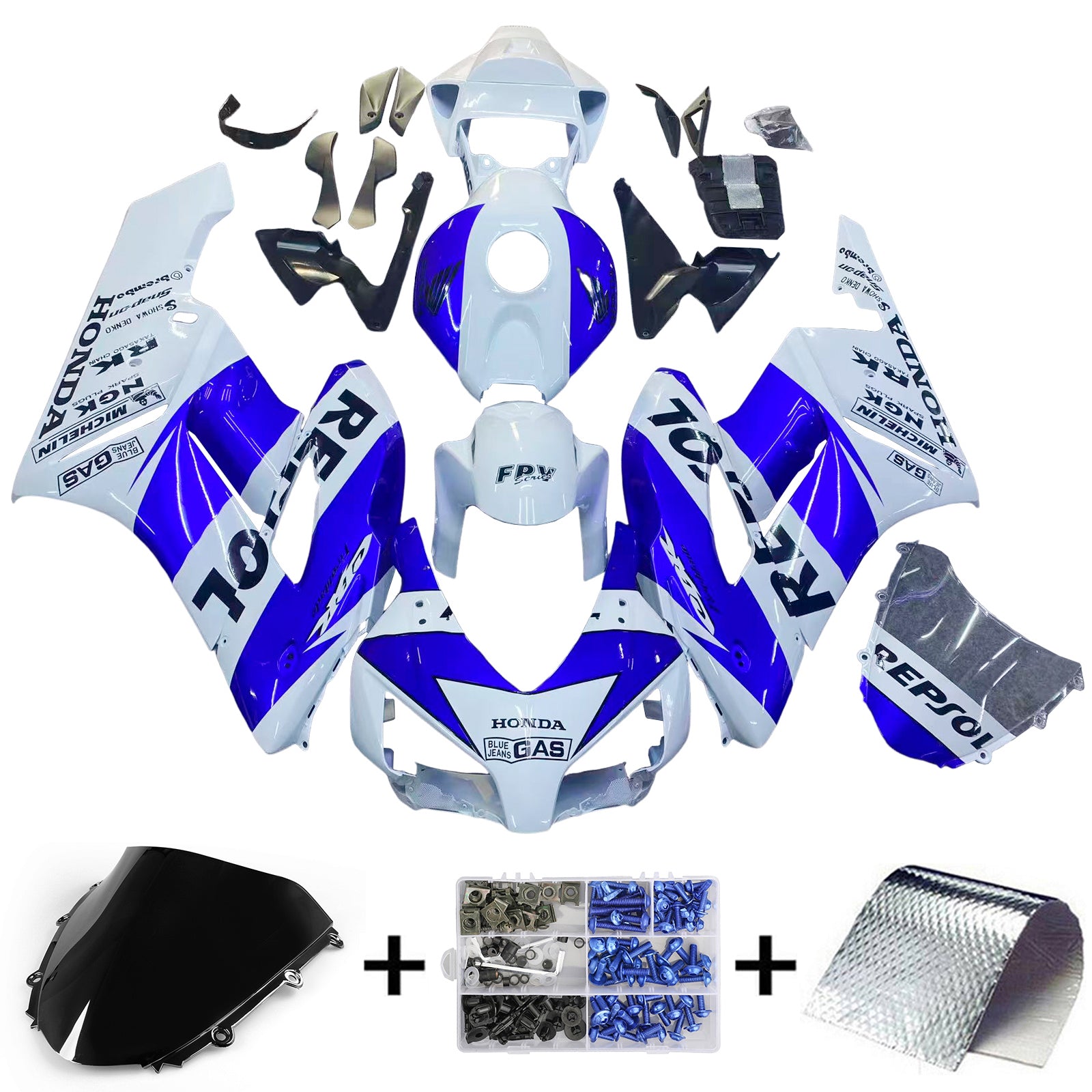 Amotopart 2004-2005 Honda CBR1000RR Bleu&Kit de carénage Repjol blanc