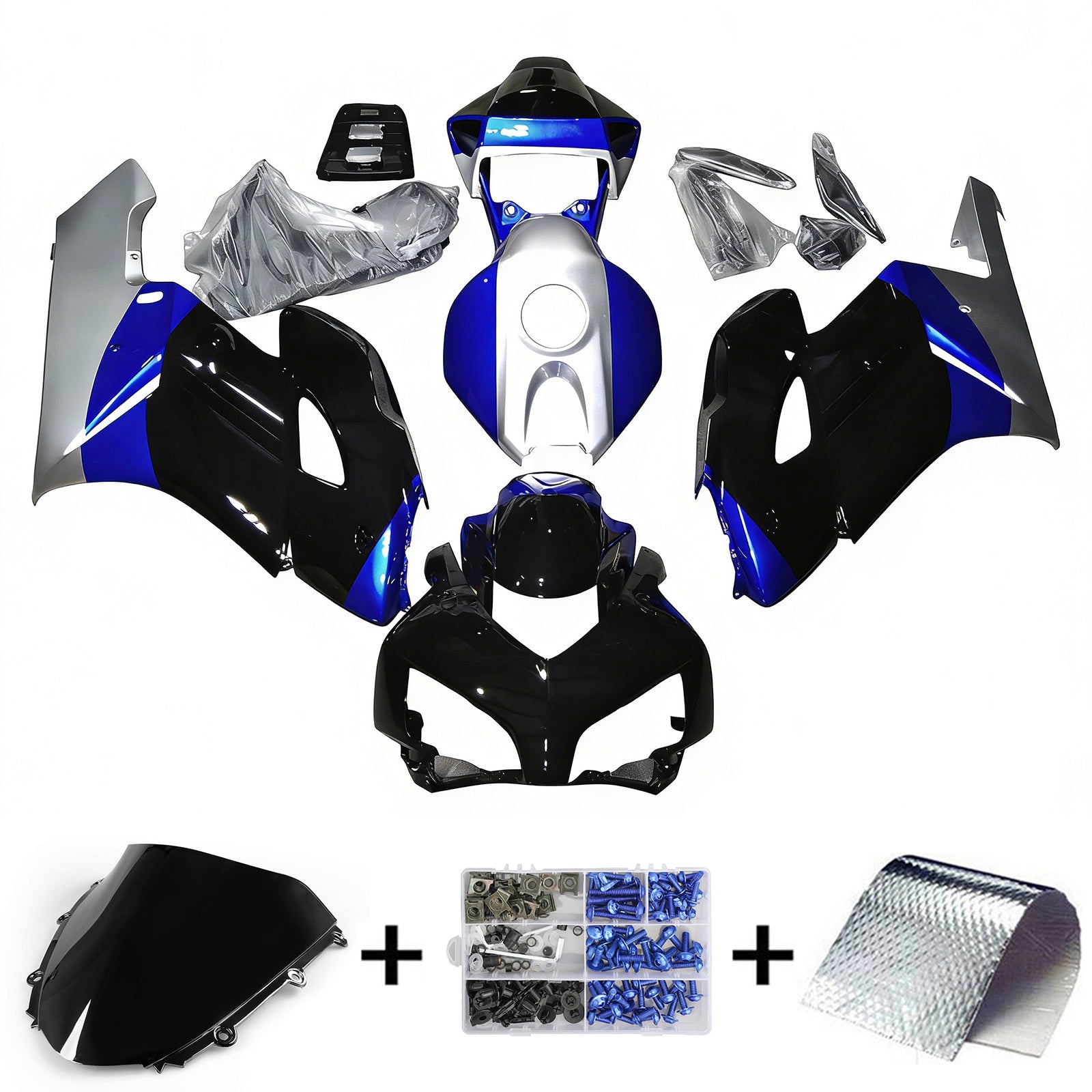 Amotopart 2004-2005 Honda CBR1000RR Bleu&Kit de carénage argenté avec logo Monster