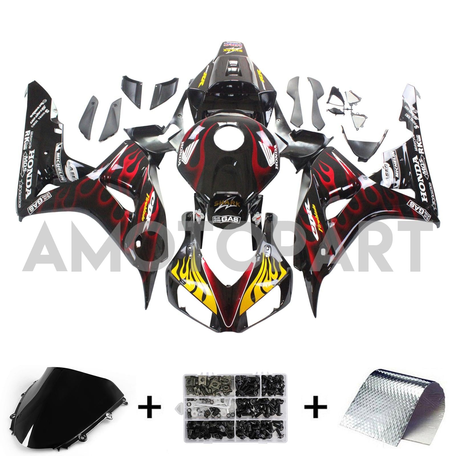 Amotopart Verkleidung Honda CBR1000RR 2006-2007 Verkleidung Flame Shark Racing Schwarz & Rotes Verkleidungsset