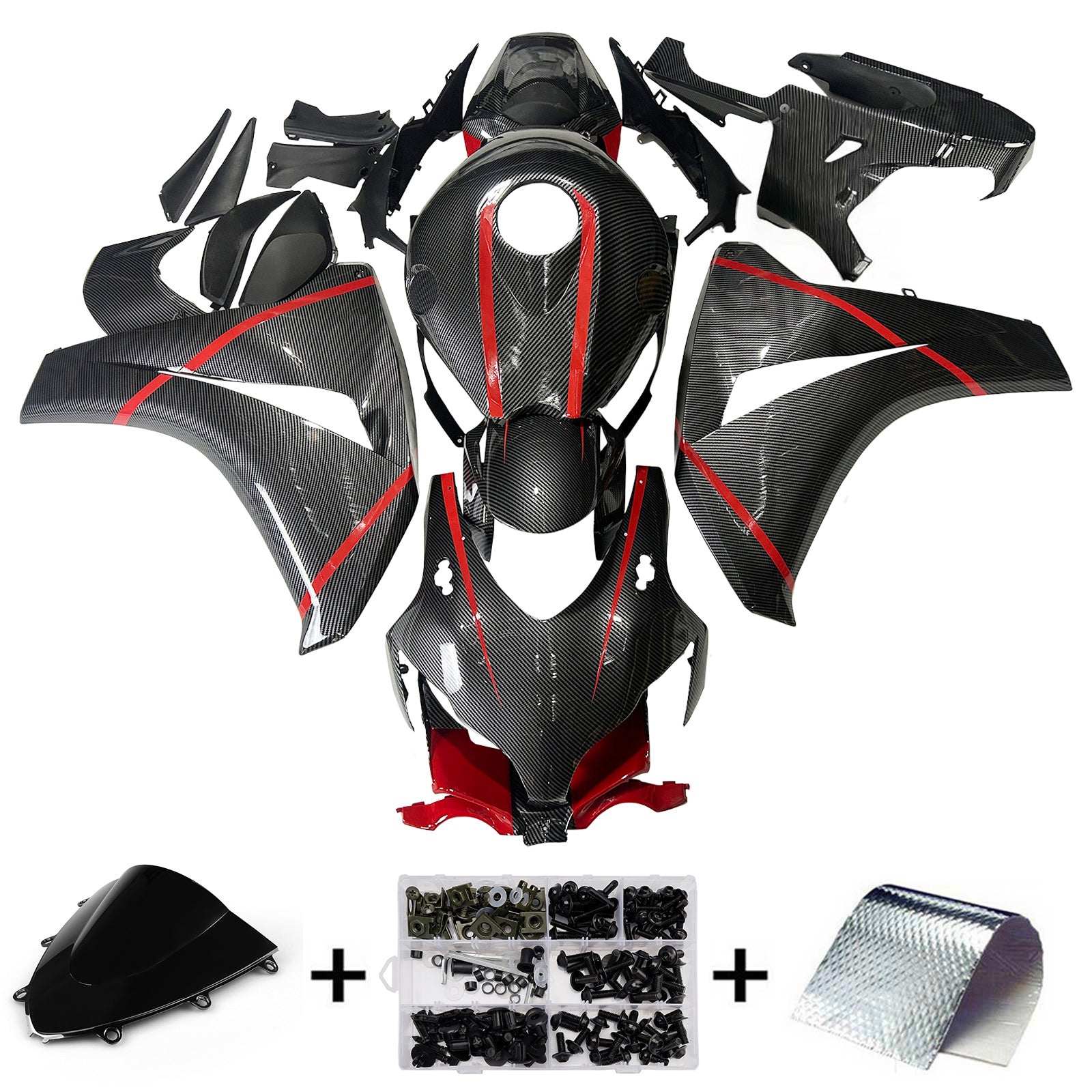 Amotopart Honda CBR1000RR 2008-2011 Look en fibre de carbone avec kit de carénage de ligne rouge