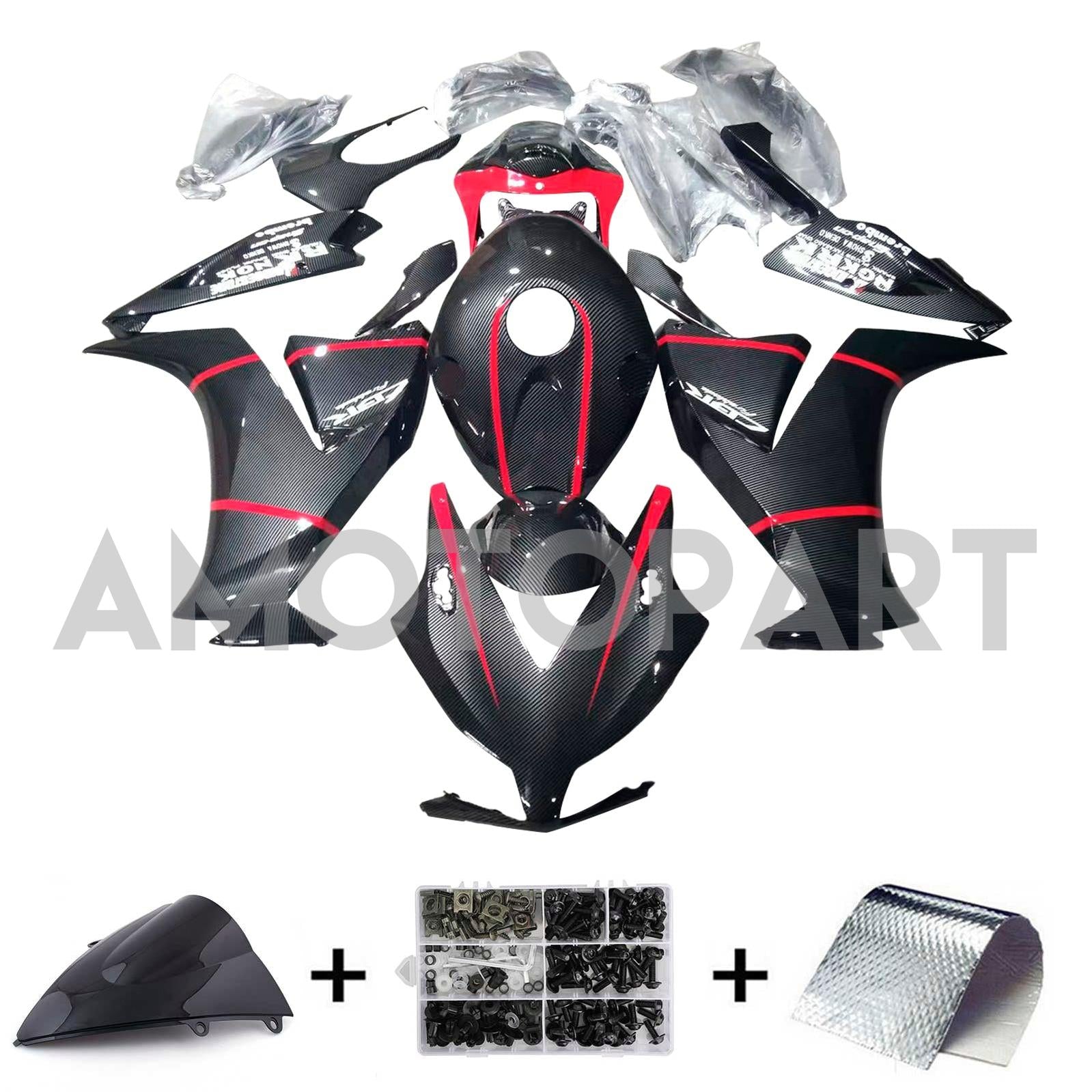 Amotopart 2012-2016 CBR1000RR Honda Carbon Fiber with Red Accent Fairing Kit