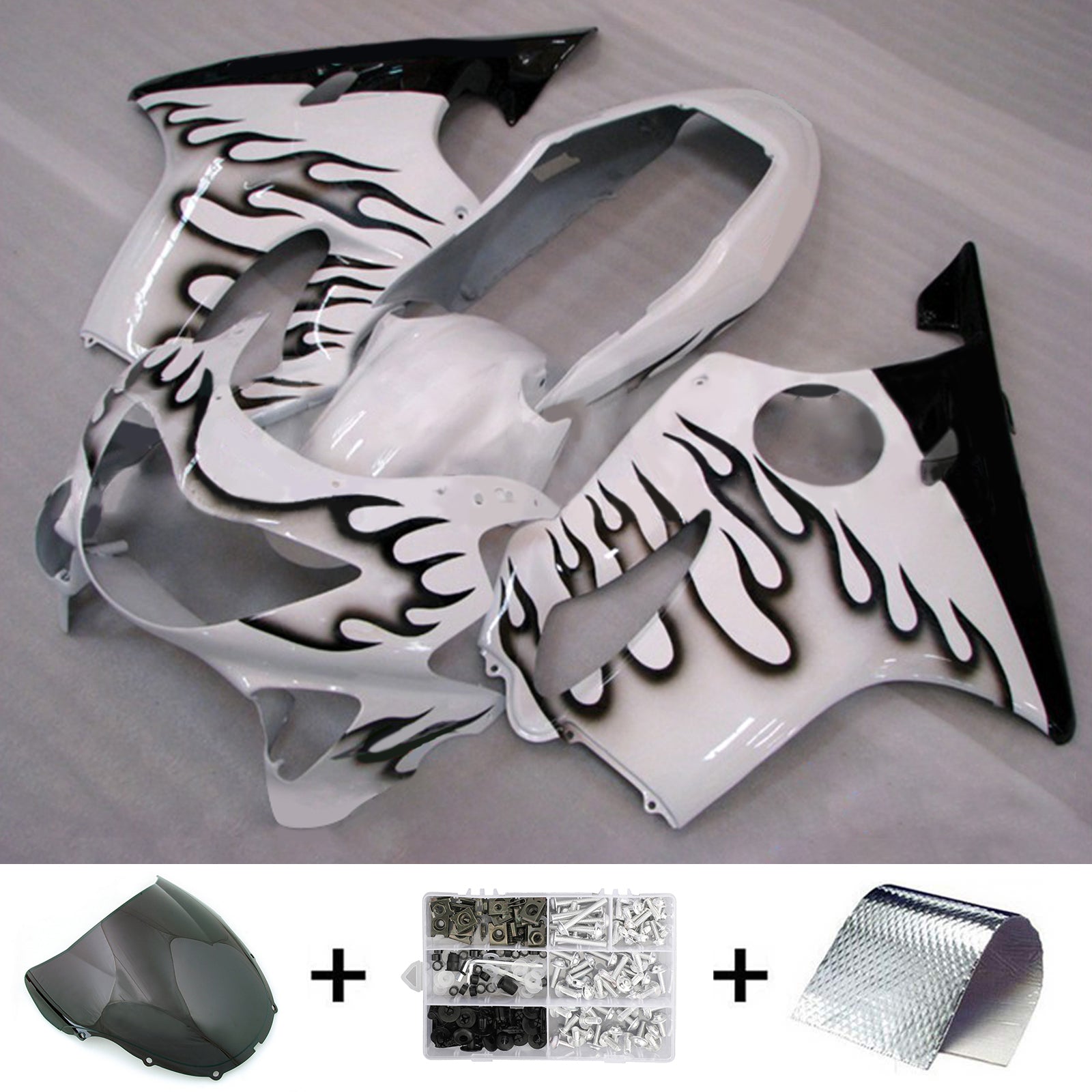 Amotopart 1999-2000 CBR600 F4 Honda White with Black Flame Fairing Kit