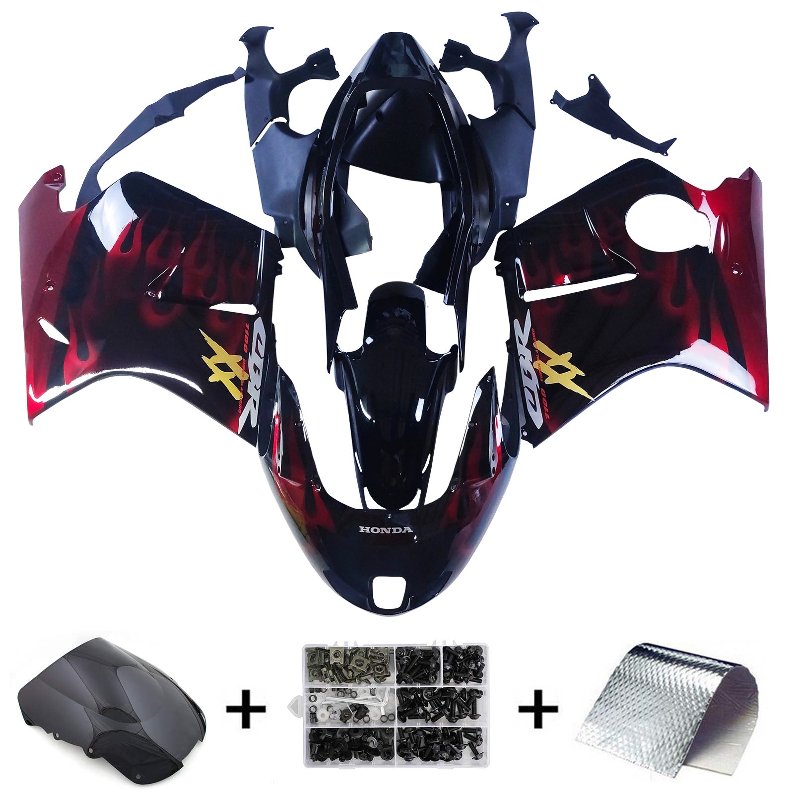 Amotopart 1996-2007 Honda CBR1100XX SuperBlackBird Fairing Glossy Black&Red Fire Kit