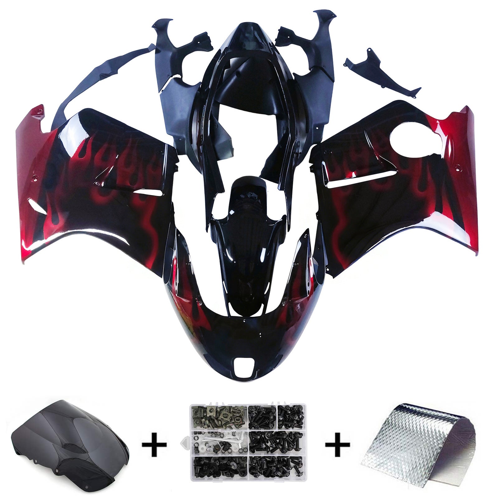 Amotopart 1996-2007 Honda CBR1100XX SuperBlackBird Fairing Glossy Black&Red Fire Kit