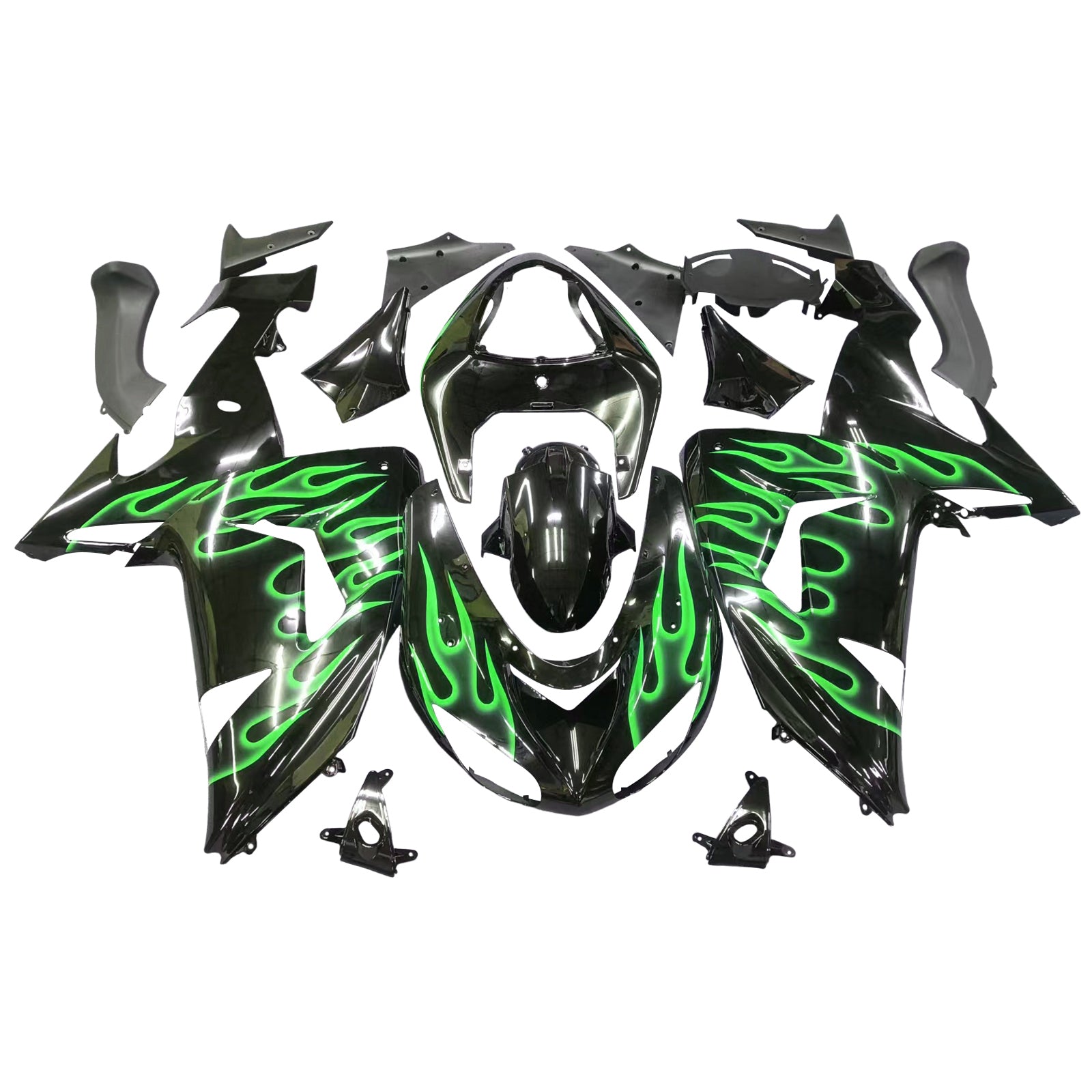 Amotopart 2006 2007 Kawasaki ZX10R Fairing Green Flames Kit