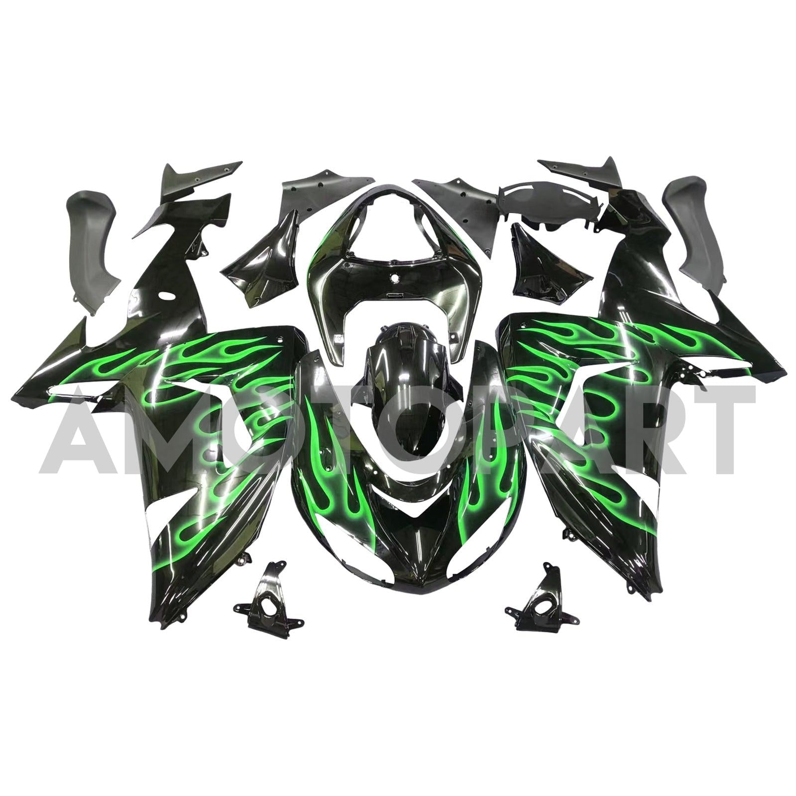 Amotopart 2006 2007 Kawasaki ZX10R Fairing Green Flames Kit