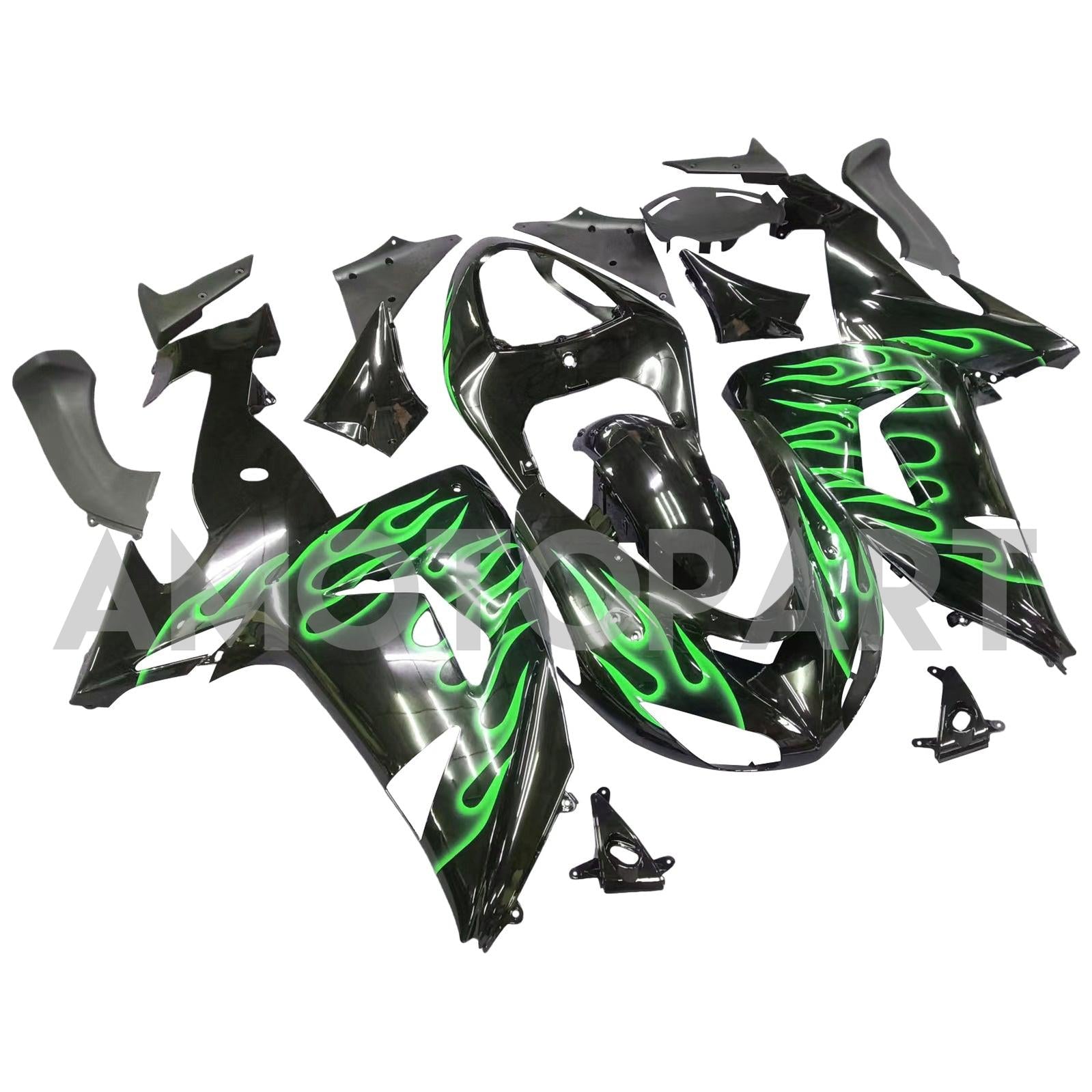 Amotopart 2006 2007 Kawasaki ZX10R Fairing Green Flames Kit